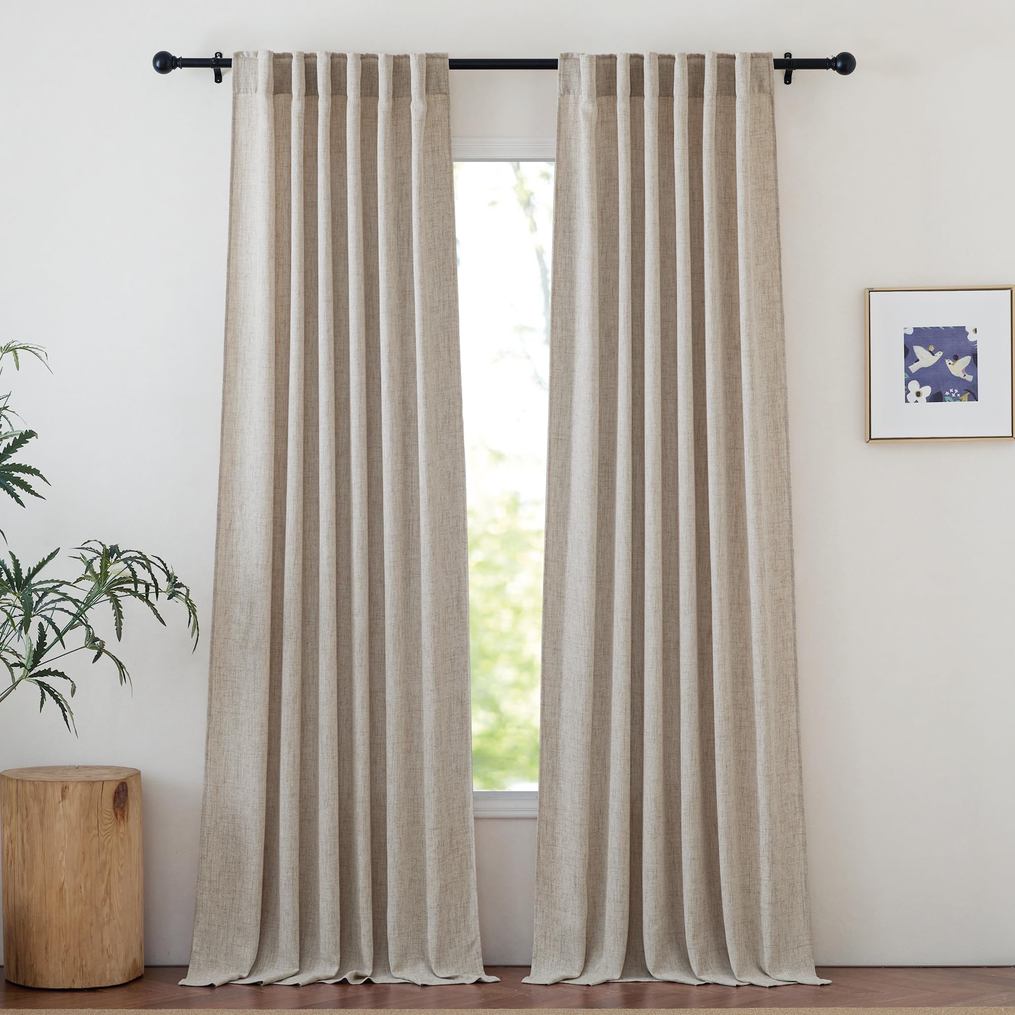 NICETOWN Oatmeal Curtains 108 inch Length, Rod Pocket & Back Tab Faux Linen Blend Semi Sheer Privacy with Light Filtering Window Treatments for Bedroom/Living Room, W52 x L108, 2 Panels