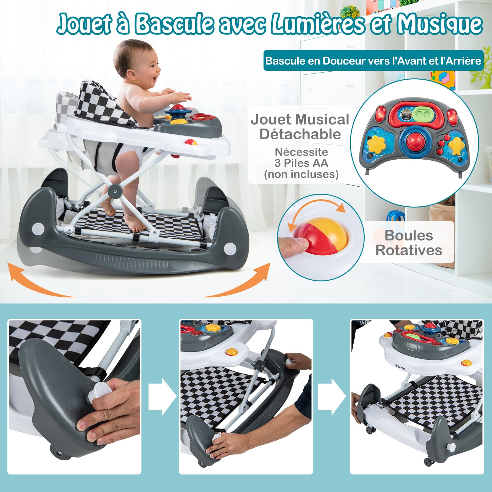 GOPLUS Trotteur Bébé Garçon Fille Evolutif 6 en 1, Trotteur Marche Bebe Pliable avec 3 Hauteur Réglable, Lumières, Musique, Plateau d’Activités Amovible, Charge 12KG, pour 6+ Mois (Gris)