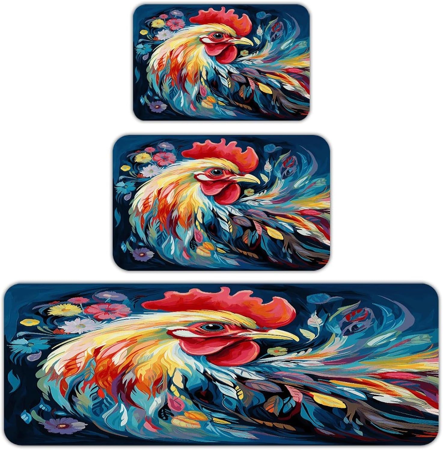 Art Colorful Chicken Kitchen Rugs Sets of 3 Non Slip Kitchen Mats for Floor Farmhouse Kitchen Sink Mat Thick Comfort Standing Mat for Laundry Room Hallway Bathroom