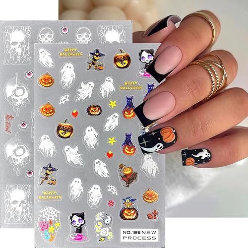 Miniatura 5 de Calcomanías para uñas de Halloween, diseño de calabaza, fantasma, 3D, autoadhesivas, lindas telarañas espeluznantes, suministros de uñas con boca