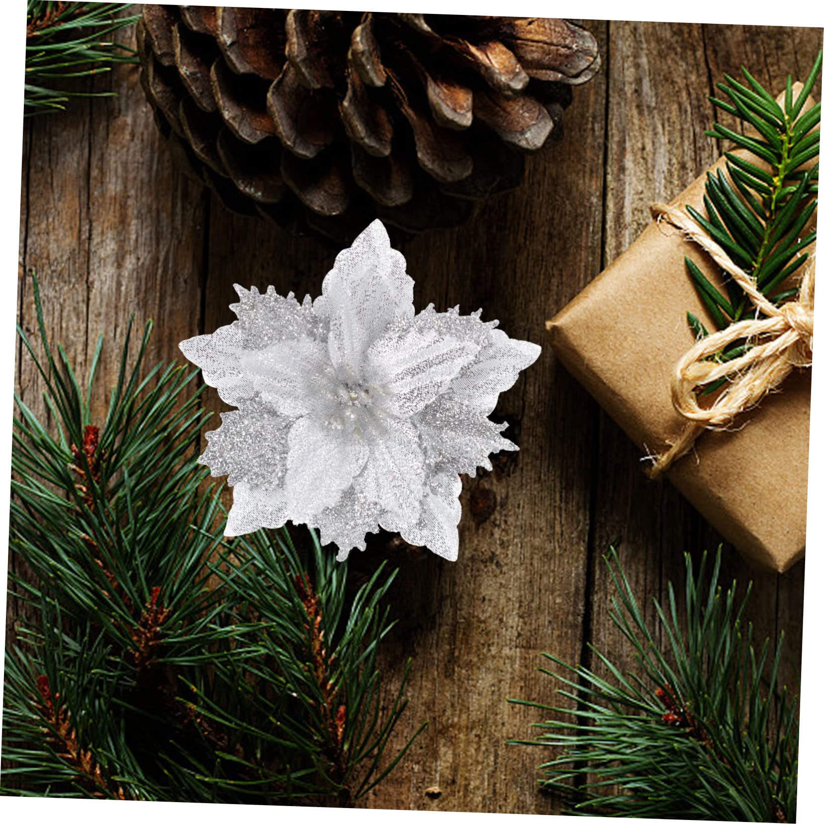64 pcs Fleur de Noël Artificielle Fleur de Noël Fête Fleur Prop Poinsettia Fleurs Artificielles Noël Paillettes Fleurs Vacances Paillettes Poudre Fleurs Artificielles Arbre de Noël