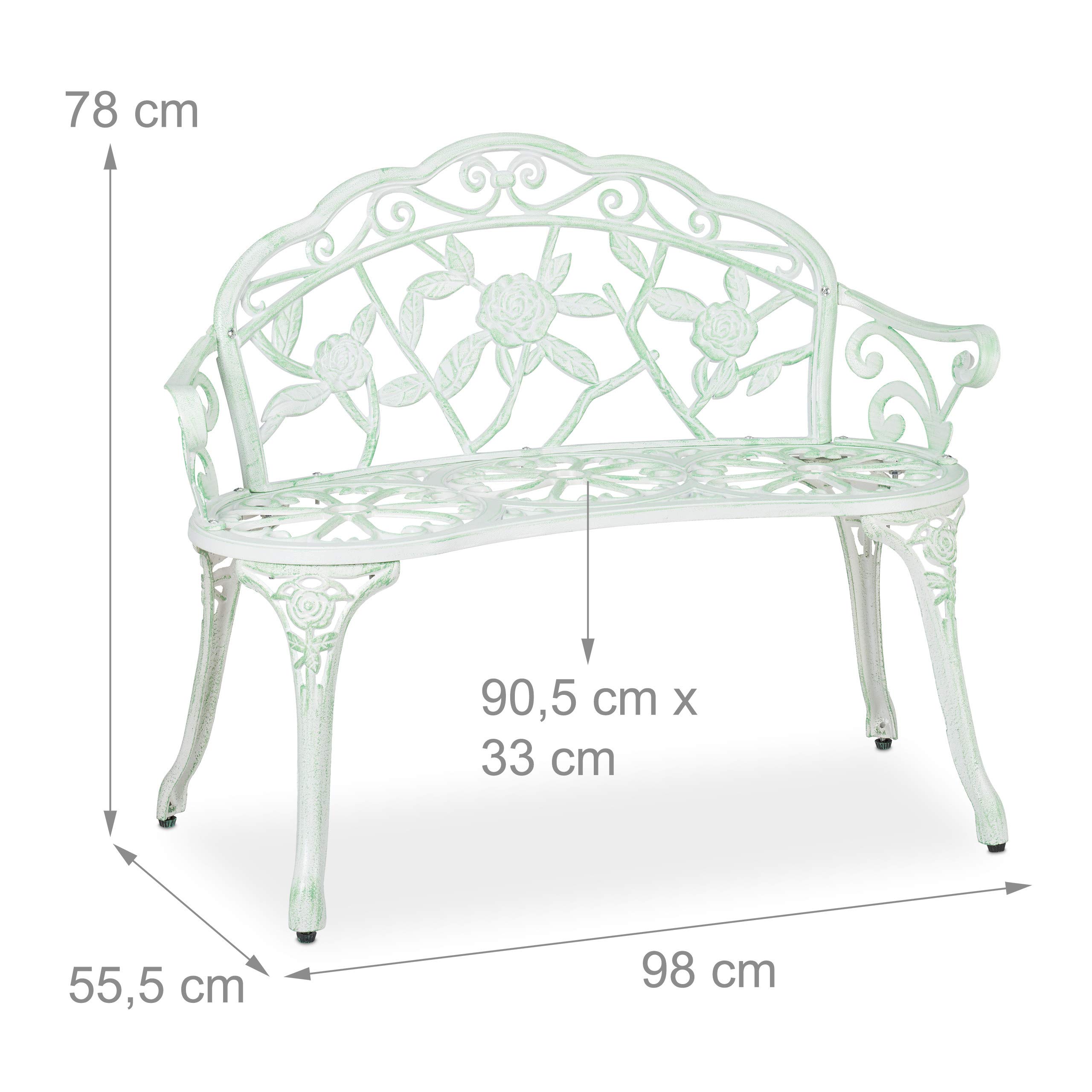 Relaxdays Ławka ogrodowa, 2-osobowa, róże, taras, balkon, aluminium i żeliwo, antyczna ławka do siedzenia, 78 x 98 x 55,5 cm, biała/zielona