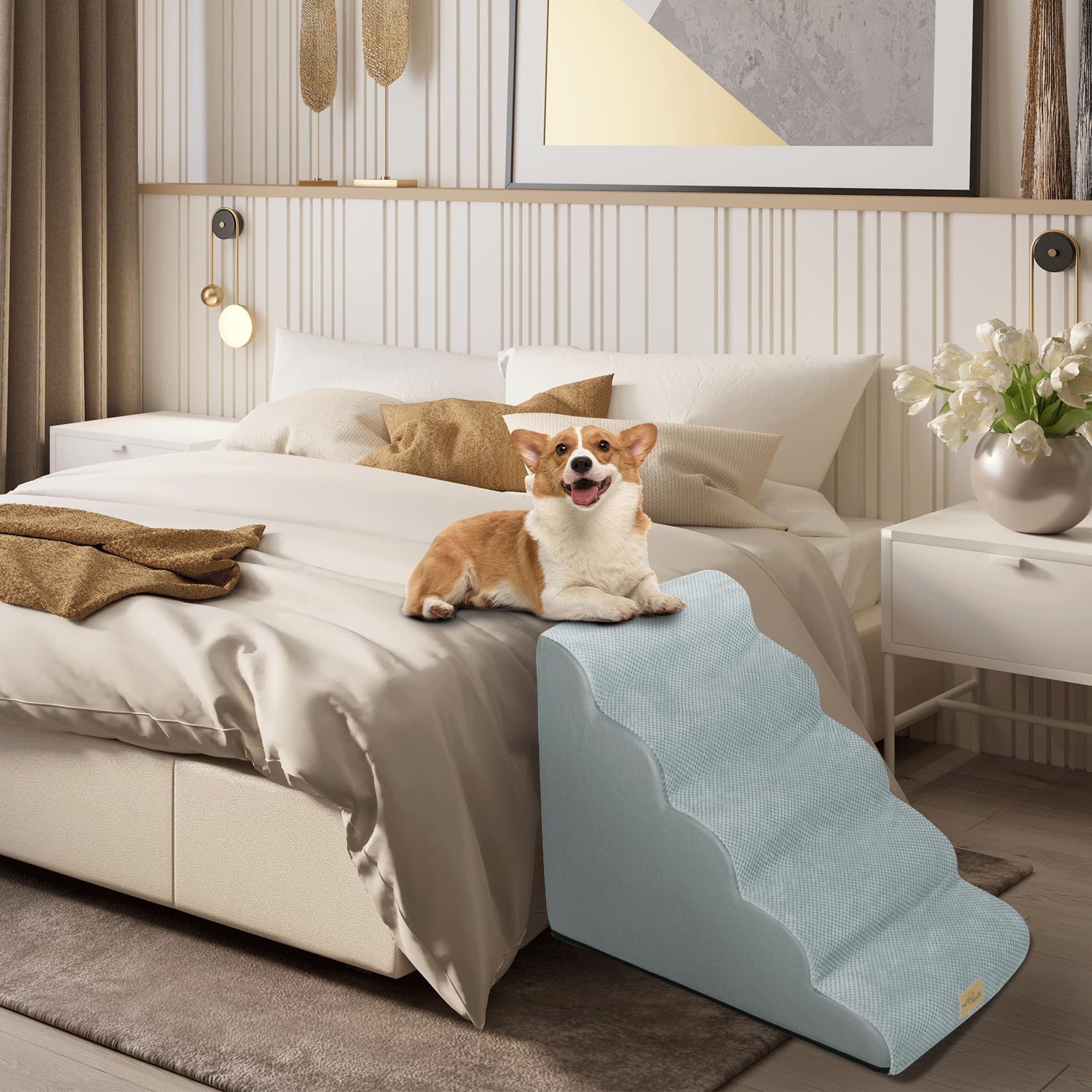 BingoPaw Scala per cani 5 Gradini: Alto 56cm Scaletta per cani Scale Gradini per cane Rampa per Letto Divano Gatto Cuccioli Antiscivolo in Spugna ad Alta Densità Fodera Rimovibile