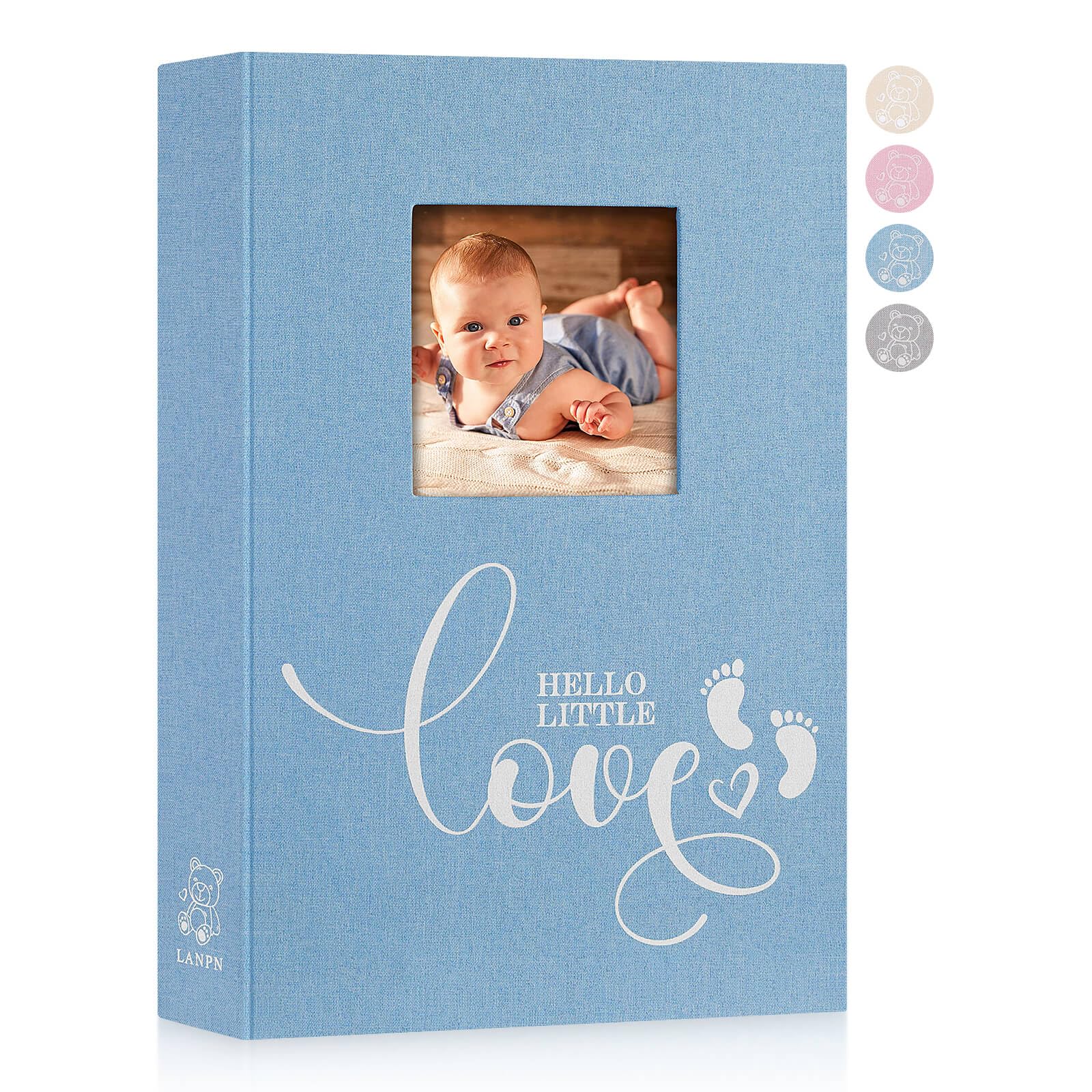 Lanpn Baby Photo Album 6x4 300 Pockets, Linen Hardcover Newborn Memory Book with Memo Writing Area, Bebe Photobook, Slip-in Picture Book, Ultrasound Album Keepsake Gifts for Boy Baby Shower Blue