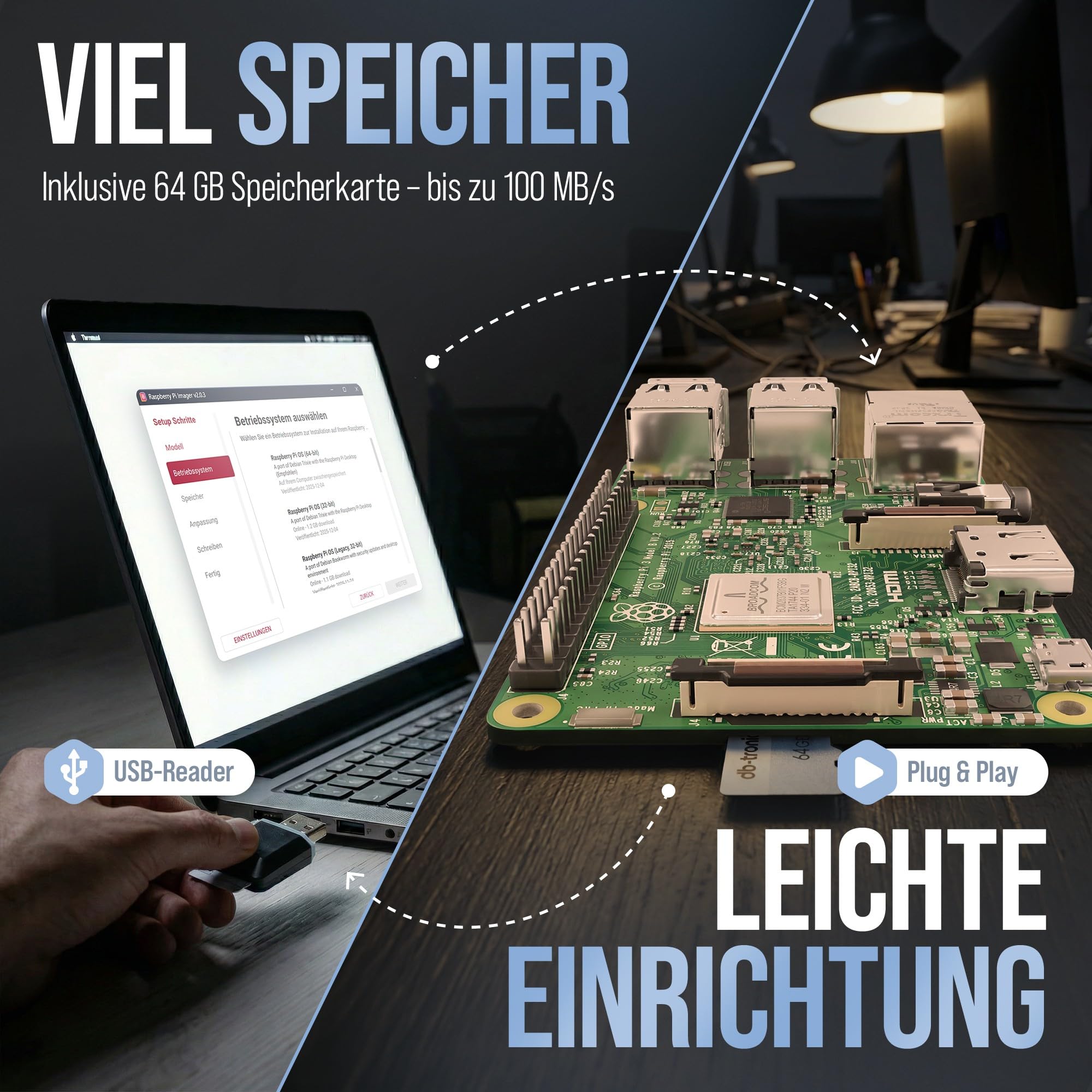 Raspberry Pi 3 B 1GB Starter Set 64GB Edition Netzteil Gehäuse Kühlkörper HDMI Kabel USB-Kartenleser
