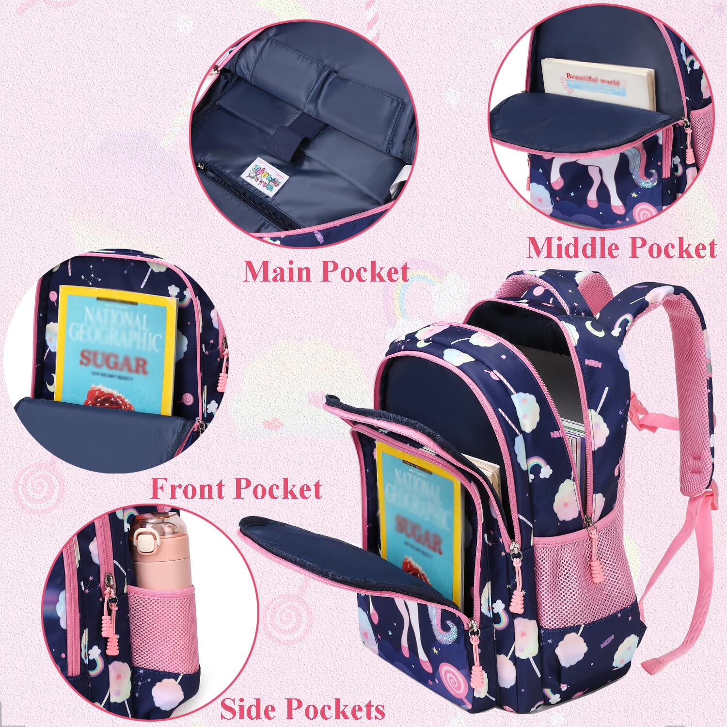 Kimwadalh Mochilas Niñas Primaria Mochila Infantiles Niña Mochilas para Niña 3 en 1 Juegos de Bolsas para Escolares,Viajes, Senderismo