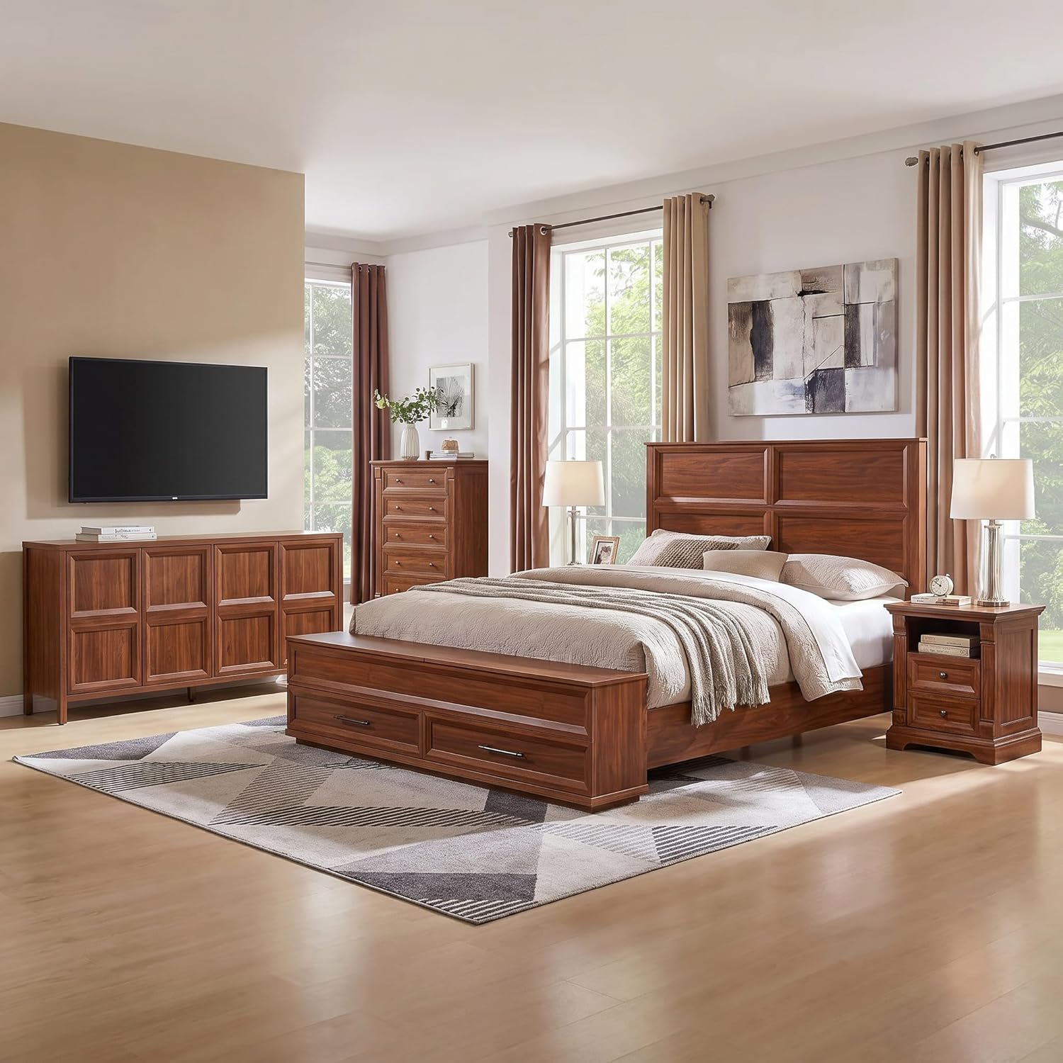 Farmhouse Geometric King Size Bed Frame with 52" Tall Storage Bookcase Headboard, Wood Platform Bed Frame with 80''Storage Chest, Modern King Bedframe No Box Spring Needed, Walnut Brown