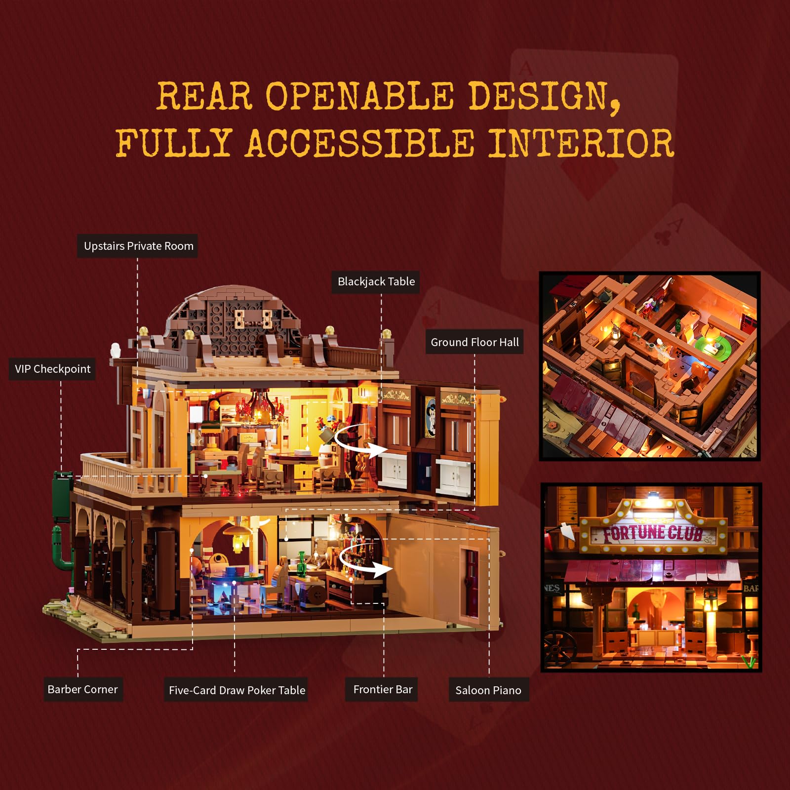 LUMIBRICKS Western Lucky Saloon zestaw klocków zaciskowych LED, 2200 elementów, modułowy budynek Wild-West, model z oświetleniem, podwójna struktura wewnętrzna, tajne przegródki i bogata w szczegóły