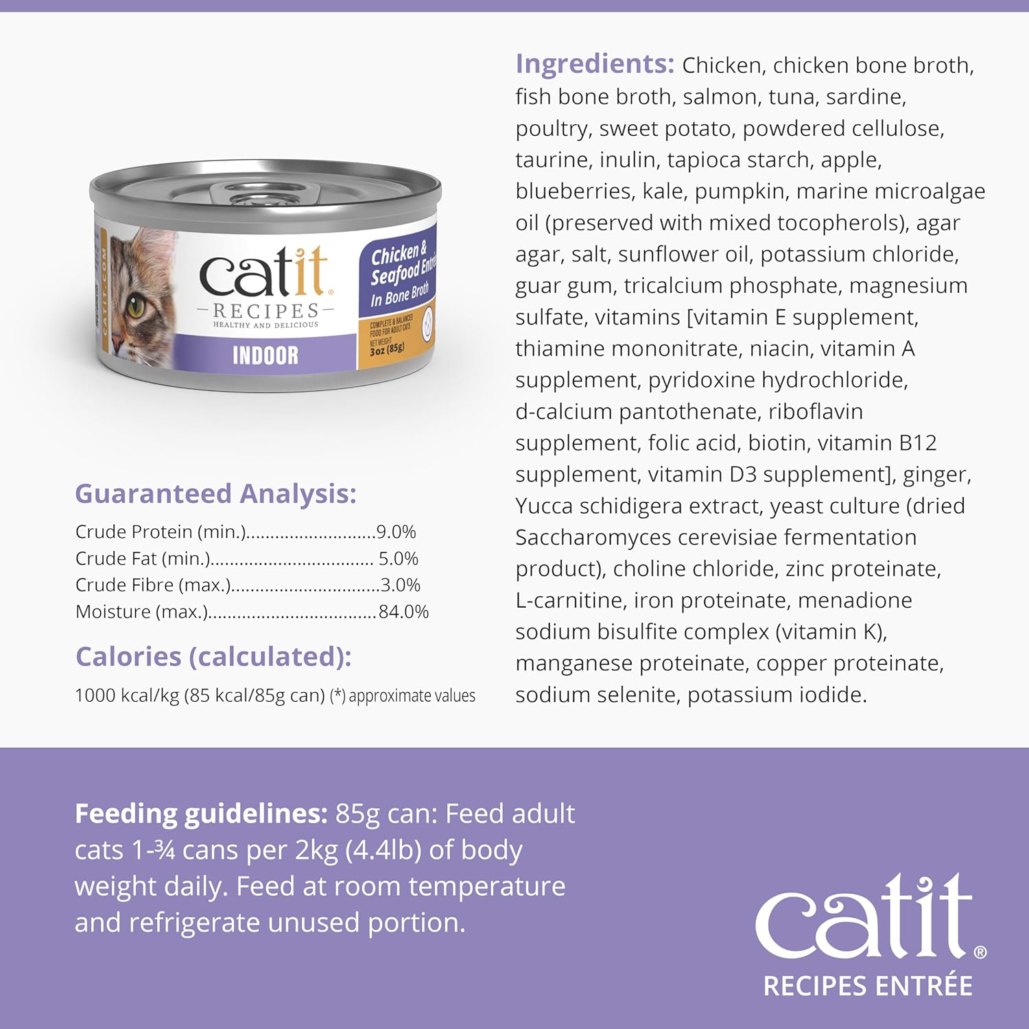 Catit Recipes Indoor Chicken & Seafood Entrée – High-Protein Wet Cat Food with Salmon, Tuna & Sardine, Omega-3 for Skin & Coat, L-Carnitine, Prebiotics for Gut Health, Hydrating Bone Broth 3oz (24/cs)