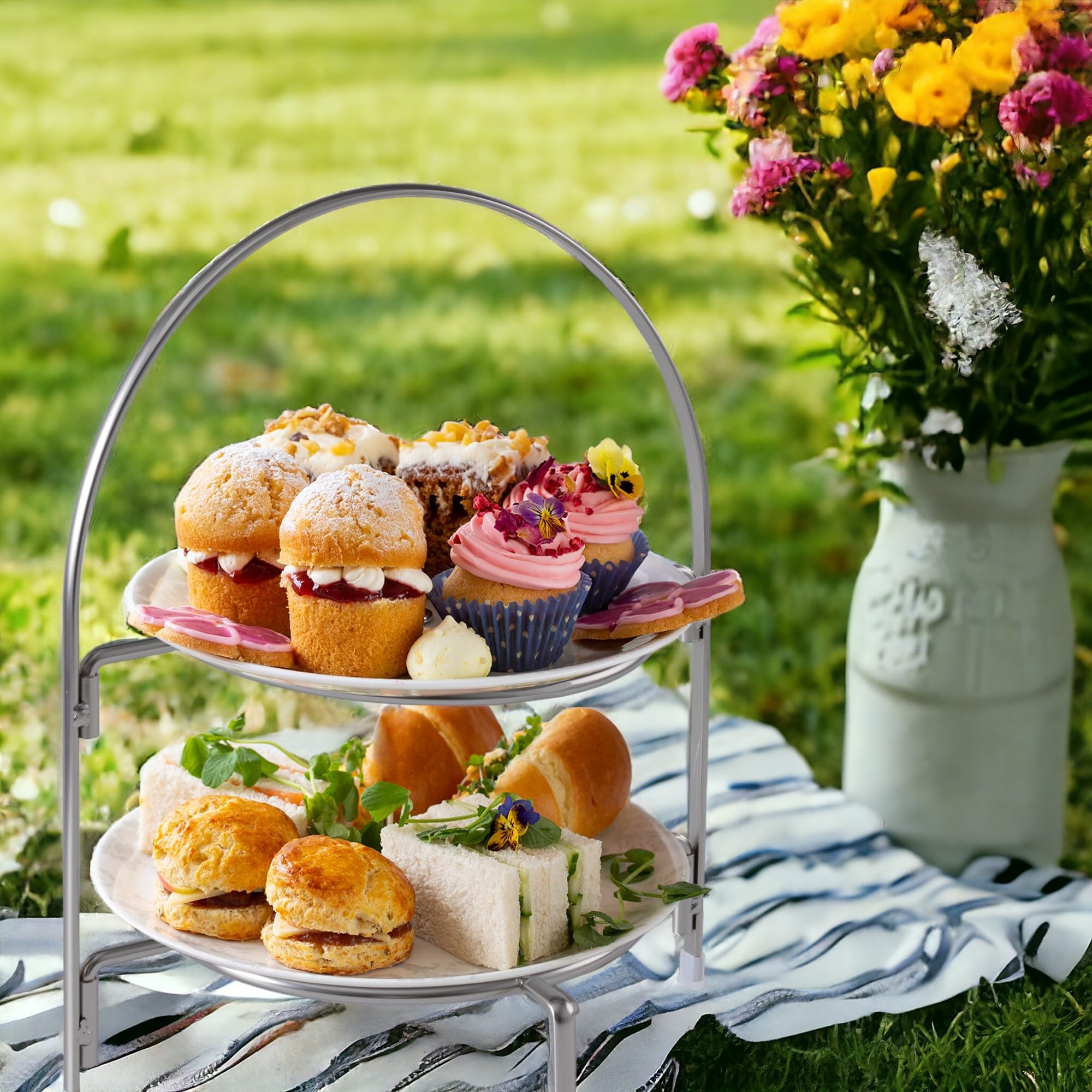Alzata per Dolci a 2 Livelli in Acciaio Inossidabile | Supporto per Dessert, Cupcake e Sushi, Facile da Montare, Riutilizzabile, con Piedini Antiscivolo