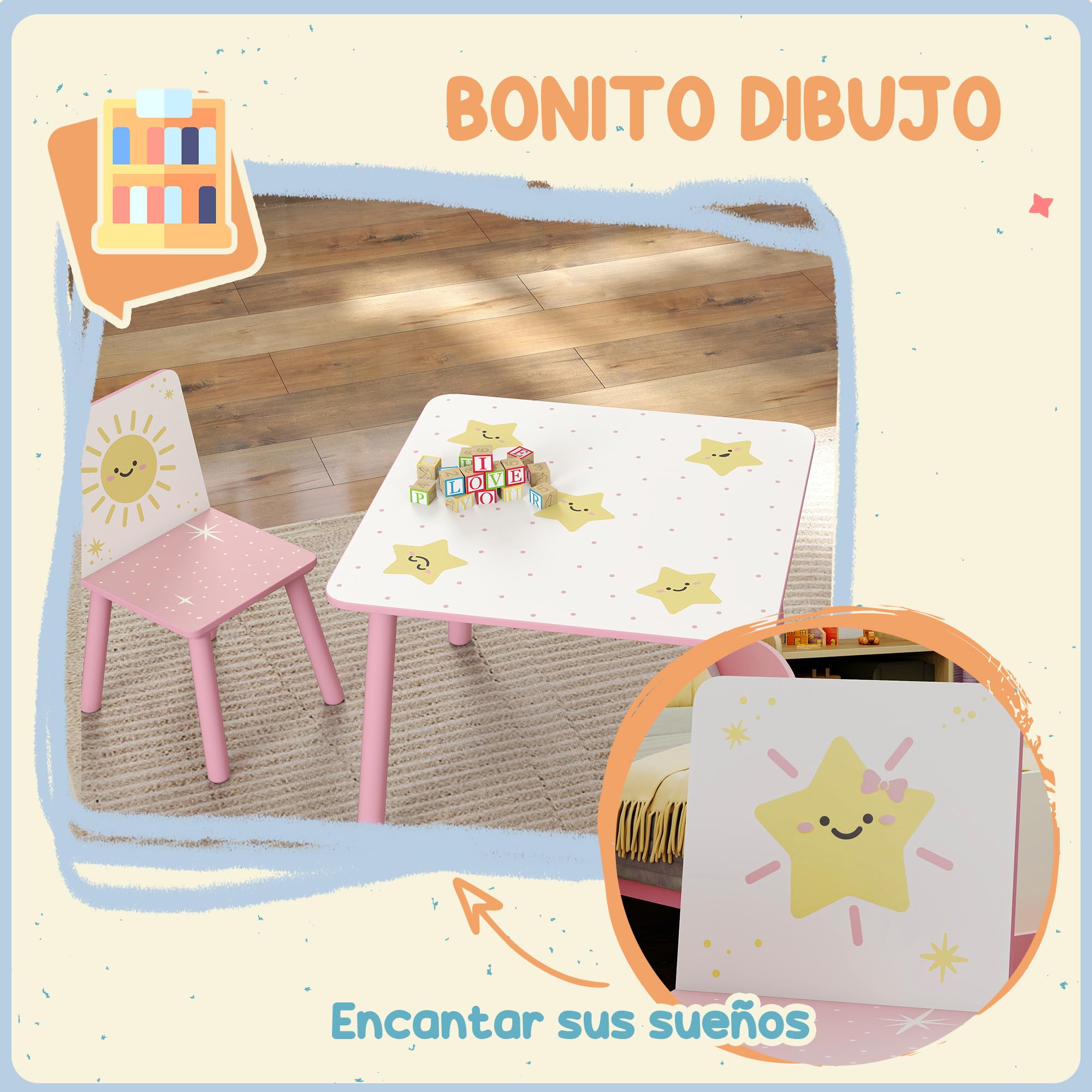 AIYAPLAY Mesa y Sillas Infantiles de 3 Piezas, Mesa Infantil con 2 Sillas de Madera de Pino, Juego de Muebles con Dibujos de Estrella para niños de +3 Años, para Dormitorio, Sala de Juegos, Rosa