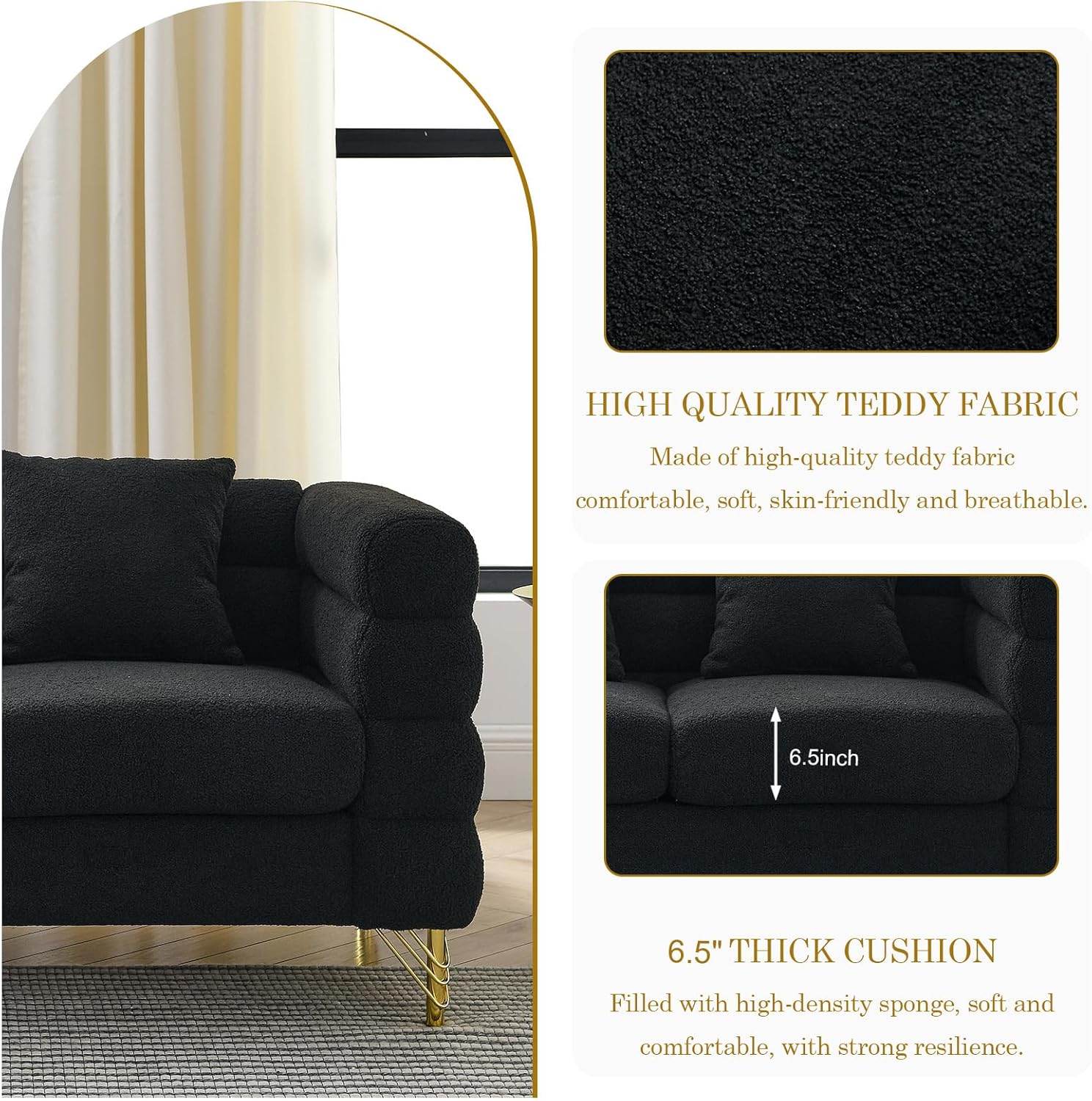 2 Pieces Cloud Sofa Set, Teddy Bouclé 3 Seater Couch and Loveseat Sets, Upholstered Modern Sofa with Gold Legs & Pillows, Comfy Deep Seat Couch for Living Room, Bedroom, Office, Apartment(Black)