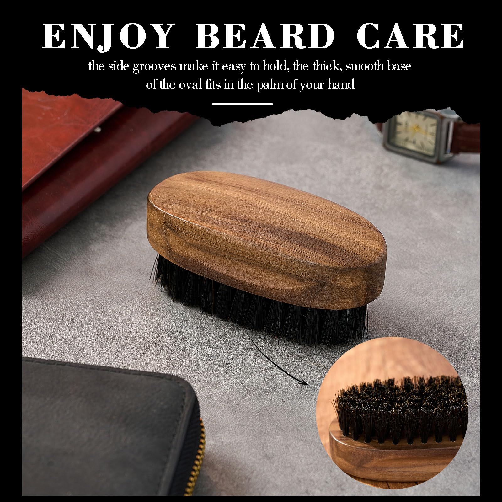 Hushee 6 spazzole da barba con setole di cinghiale per la cura dei baffi da uomo, 8 cm, con setole di cinghiale e legno di noce nero, regalo di compleanno per marito, figlio, padre, nonno