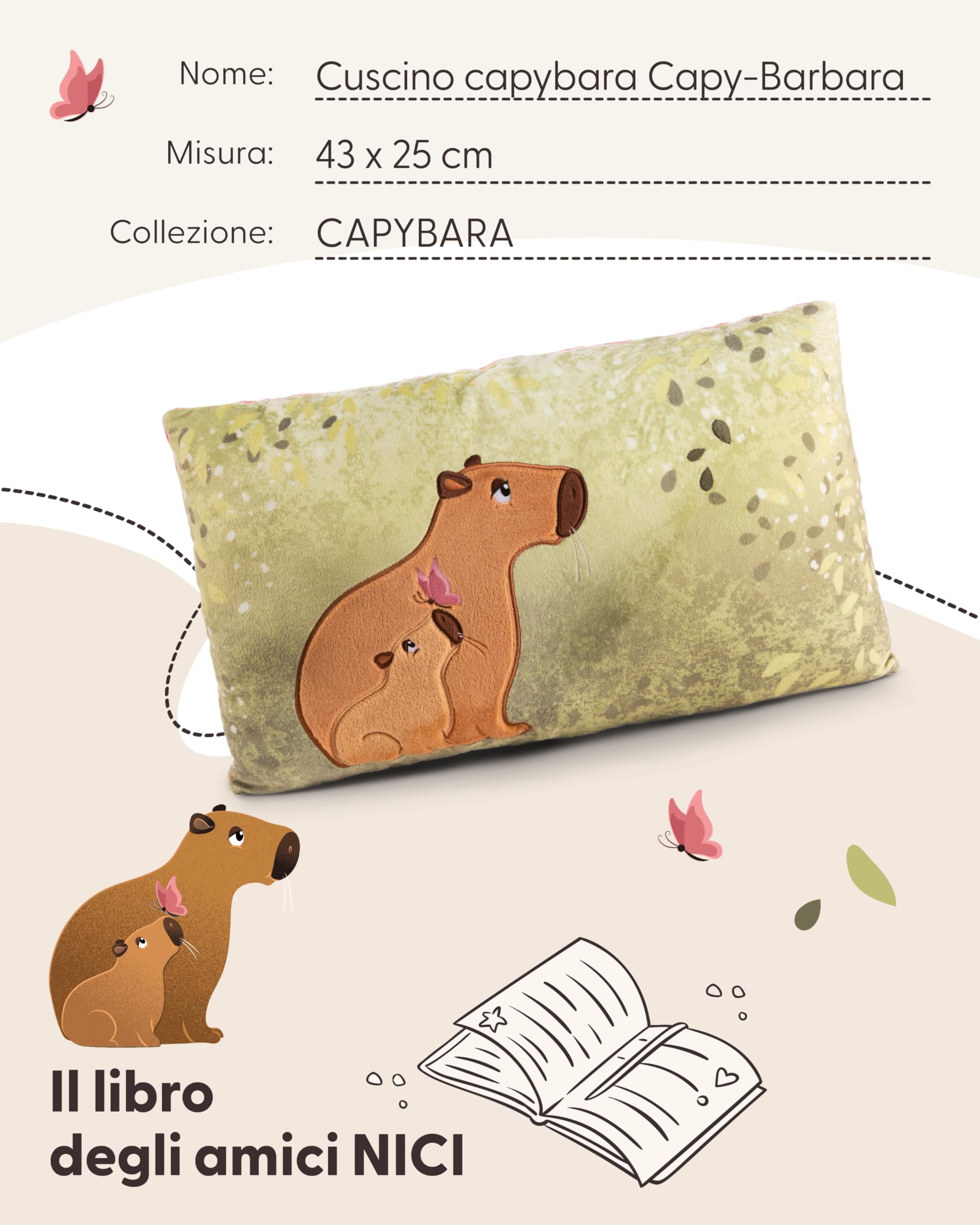 NICI Cuscino di peluche Capybara Capy-Barbara 43 x 25 cm - Morbido cuscino di peluche Capybara per bambine, bambini e neonati, cuscino rettangolare di peluche - 61226