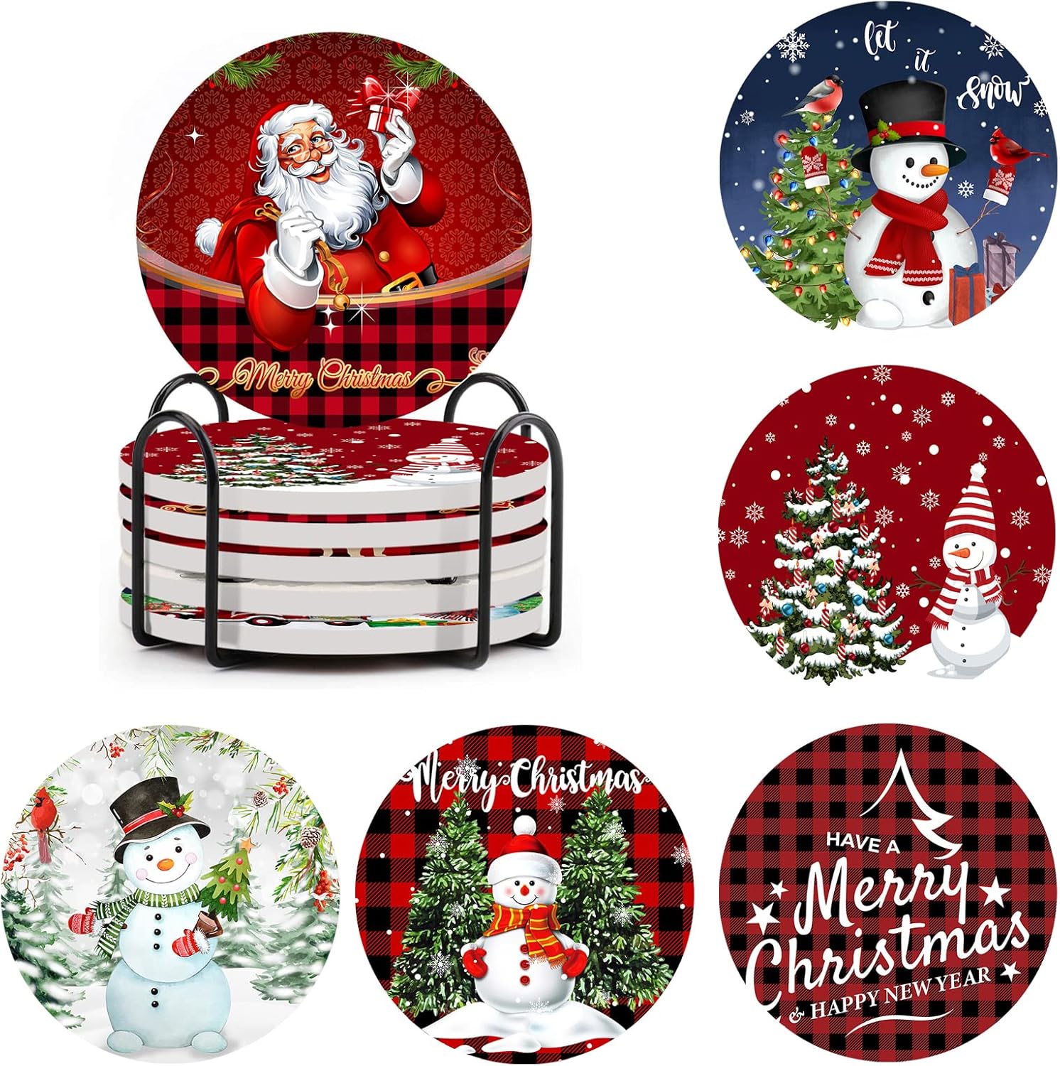 BestAlice Christmas Drink Coasters Set of 6 with Holder