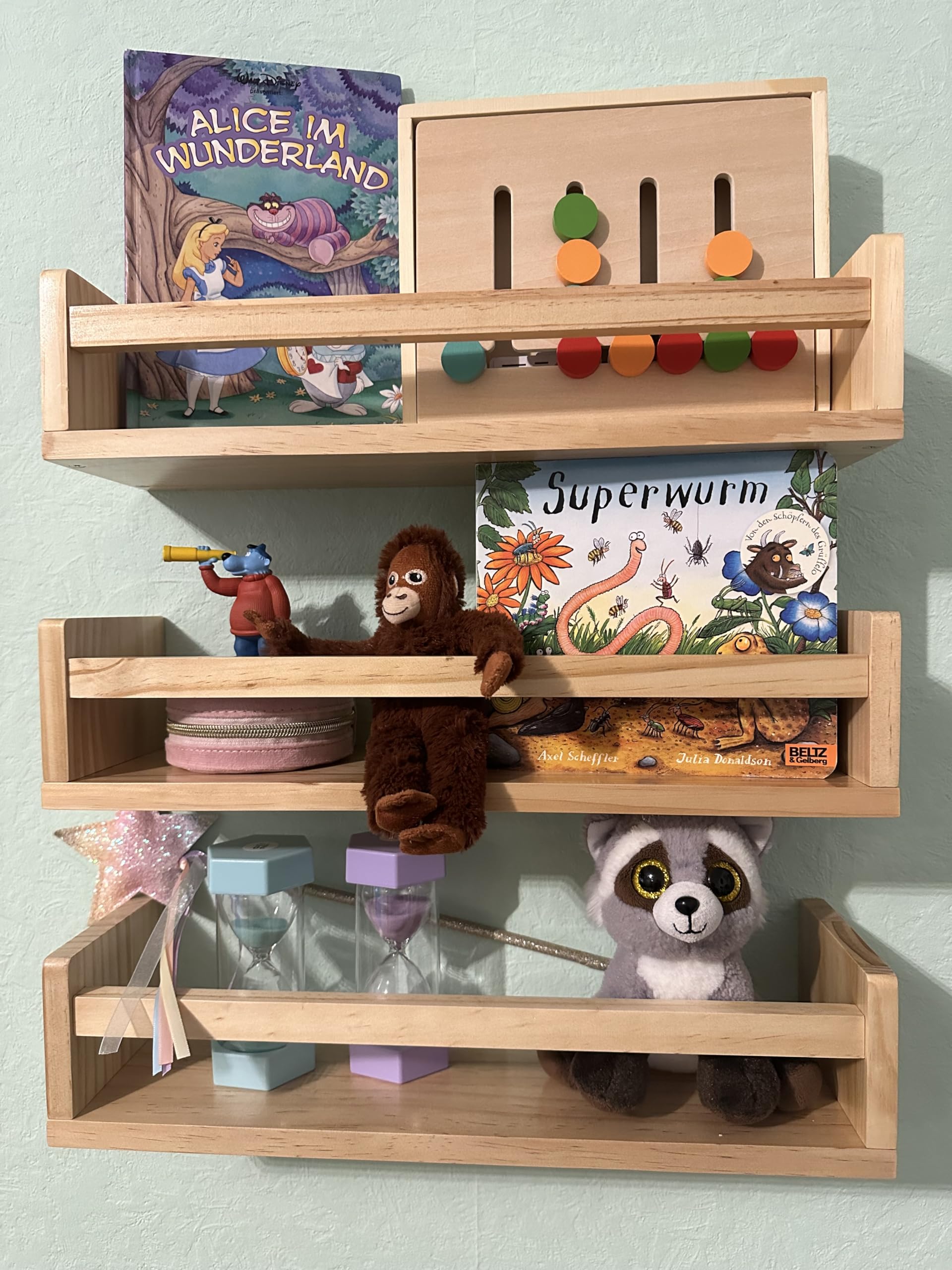 MaLa - 3er Set Natur Bücherregale aus Massivholz – Schweberegal Kinderzimmer Badezimmer Küche Wohnung – Montessori Wandregal für Spielzeug Bilder und Bücher | Abgerundete Ecken