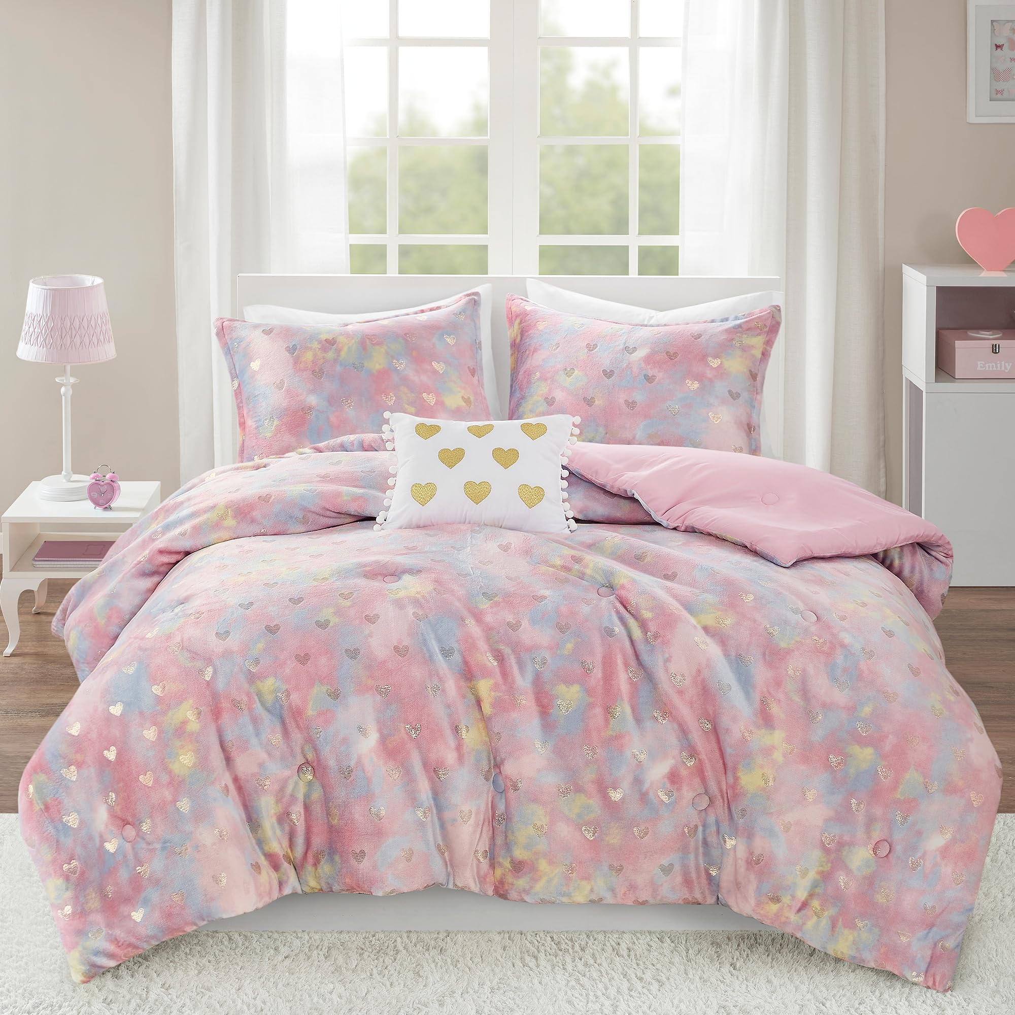 Mi Zone Queen Comforter Set, 4 Piece Metallic Hearts Bedroom Set for Girls, Queen Bed Set Soft Plush Comforter, Rosalie All Season Fluffy Queen Size Bedding Set, Full/Queen, Pink Multi/Gold 4 Piece