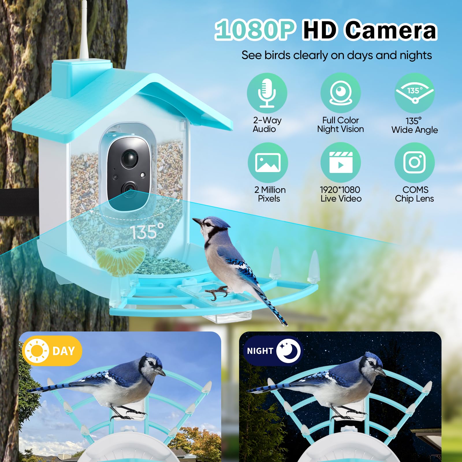 Stazione mangiatoia per uccelli con fotocamera, casetta per uccelli solare per esterni, stazione mangiatoia per uccelli 1080P, resistente alle intemperie IP66 – Tracciamento AI di oltre 10.000 specie