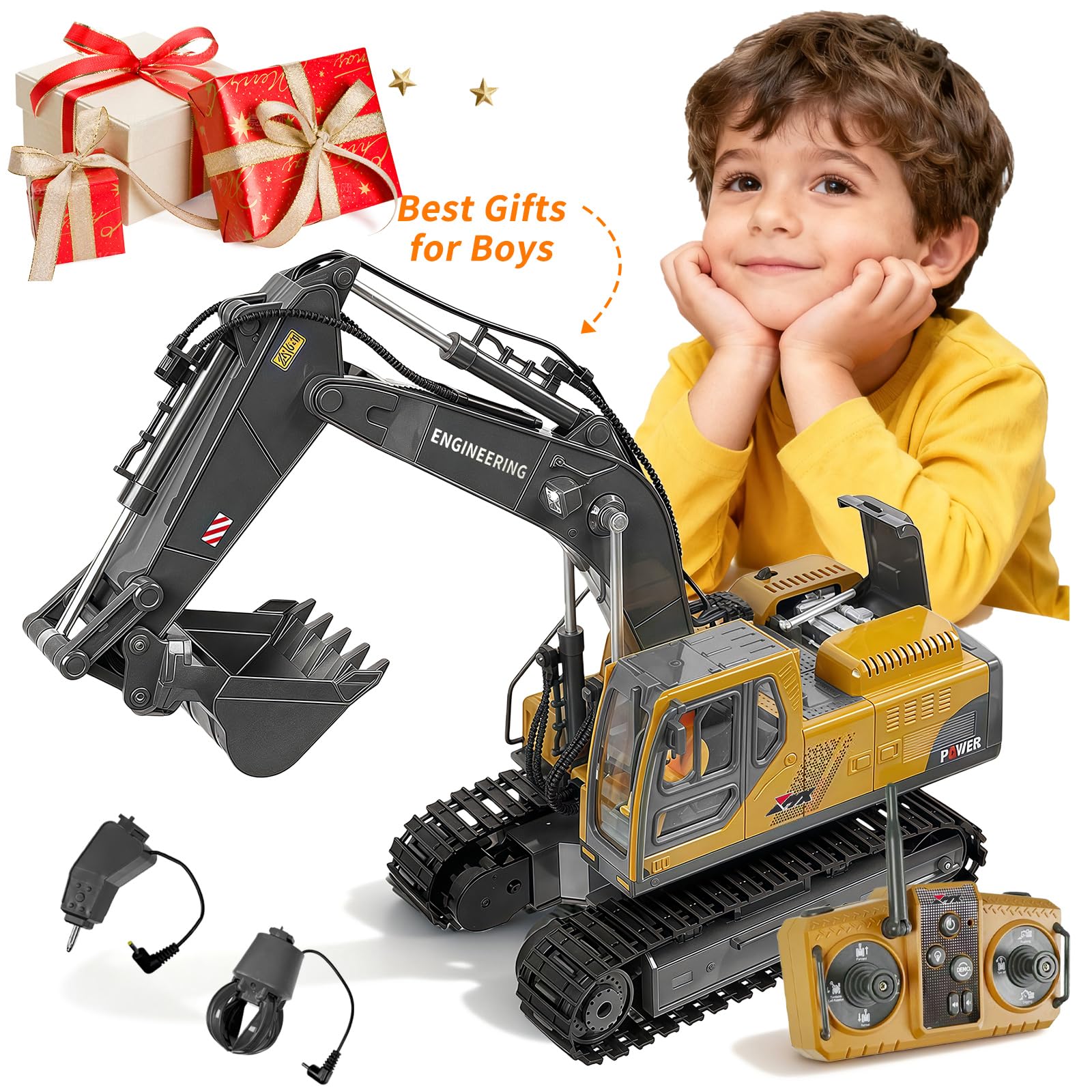 kolegend 3-in-1 Ferngesteuerter Bagger, 14-Kanal RC Bagger Spielzeug mit DREI Metallköpfen, 680° Drehbarer Radlader mit Lichtern & Musik, Geschenk Ab 6-12 Jahre
