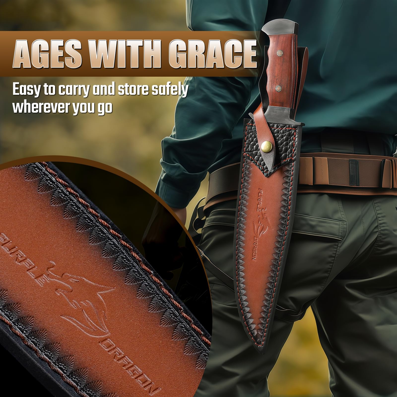 Purple Dragon Outdoor Survival Messer, Full Tang Scharfe Machete mit Holzgriff & Lederscheide, Vielseitiges Camping-Überlebenswerkzeug für Bushcraft & Wandern Geschenk für Männer