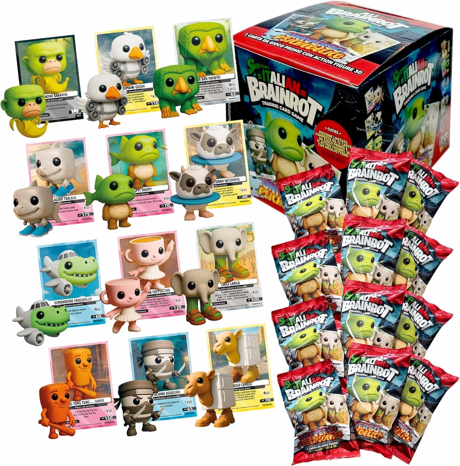 Generico Skifidol Brainrot Trading Card Game | Edizione Limitata da Collezionare | Set di 12 Carte e 12 Figure 3D con Moschettone | Universo Psichedelico
