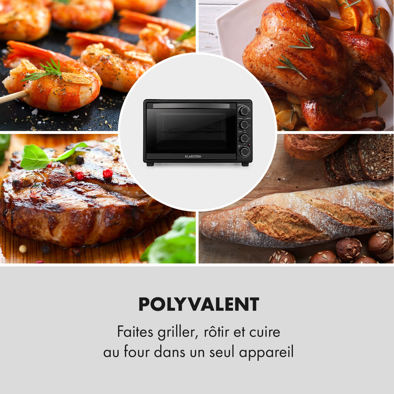 Klarstein MasterChef Mini four 100–230 °C, rôtisserie, fonction air circulant, minuteur, double porte en verre, chaleur supérieure et inférieure, éclairage intérieur, acier inoxydable Noir - 45 l