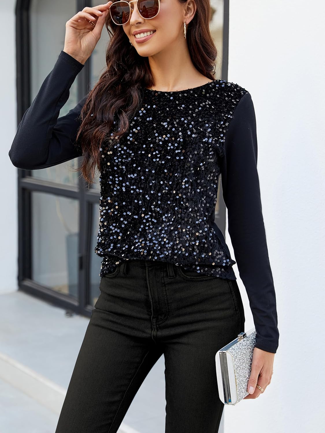Women's Fall Sequins Long Sleeve Shirt Round Neck Pullover Casual T Shirt