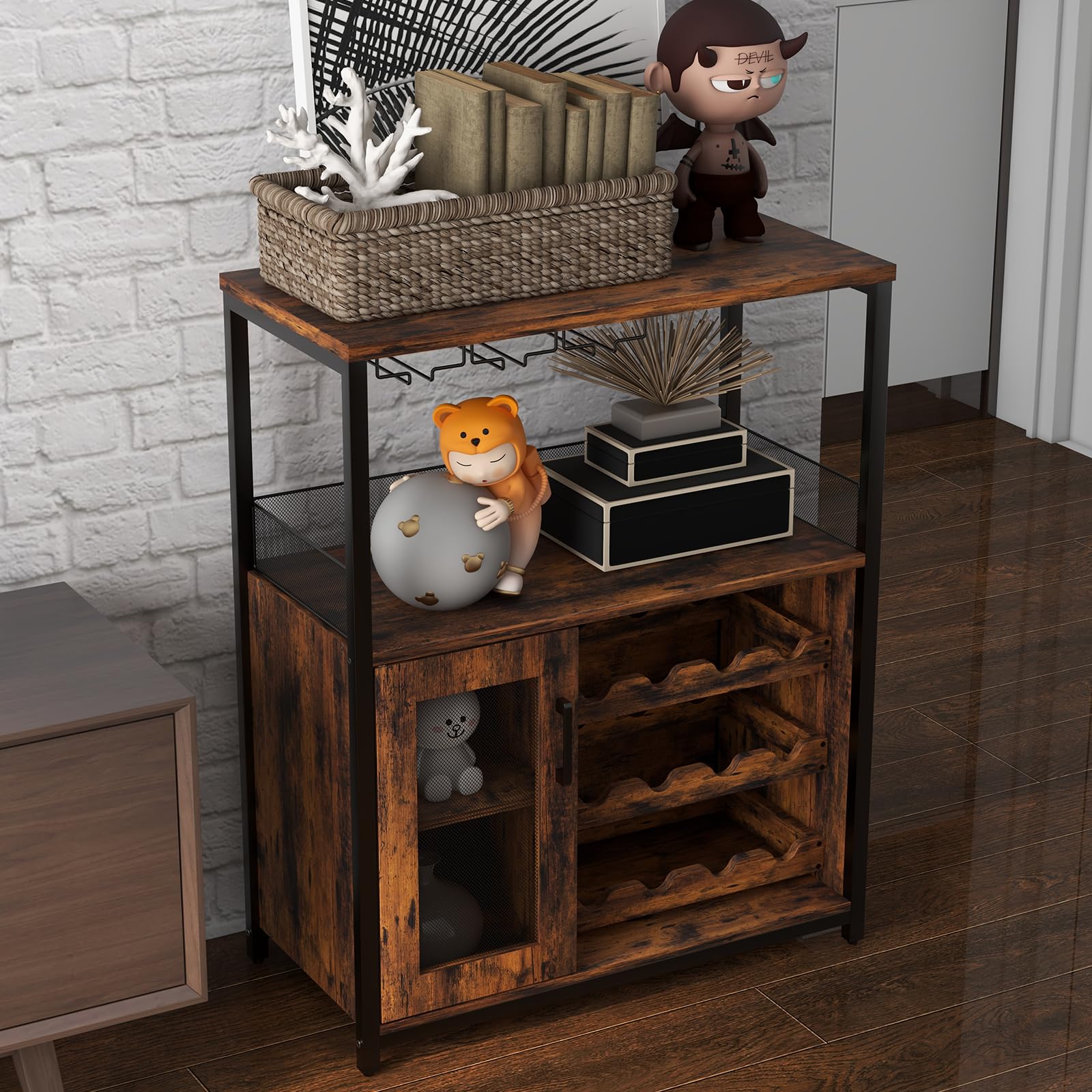 GarveeHome Gabinete de Bar para Vino de 3 Niveles con Luces LED, portavasos y Estante extraíble - Puerta de Malla y Almacenamiento Multifuncional - Aparador Buffet para salón, Comedor o Cocina