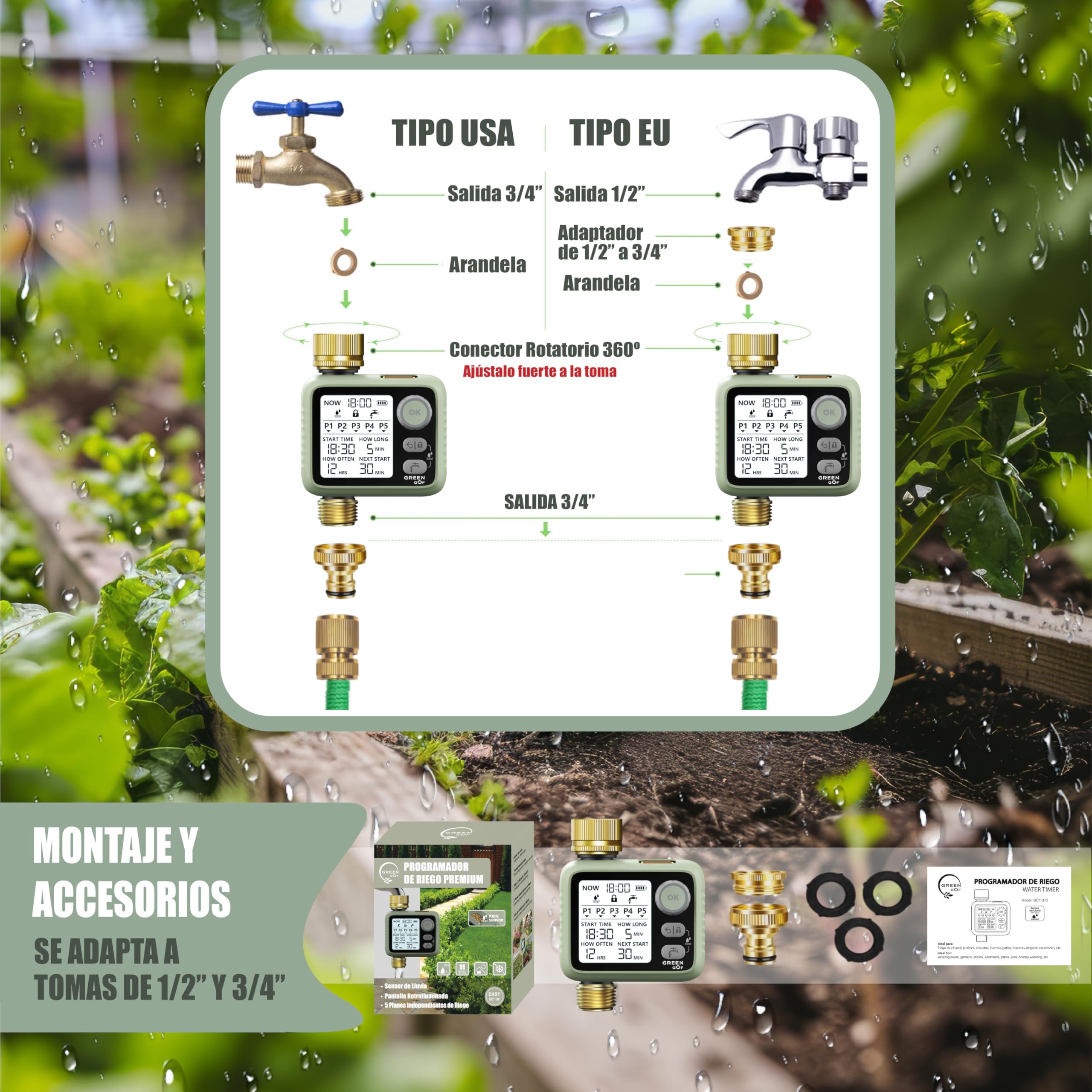 Programador de Riego Premium. Conectores de Latón, Sensor de Lluvia, Pantalla Retroiluminada, Temporizador de Bajo Consumo a Pilas, 5 Programas Independientes, Fácil e Intuitivo.