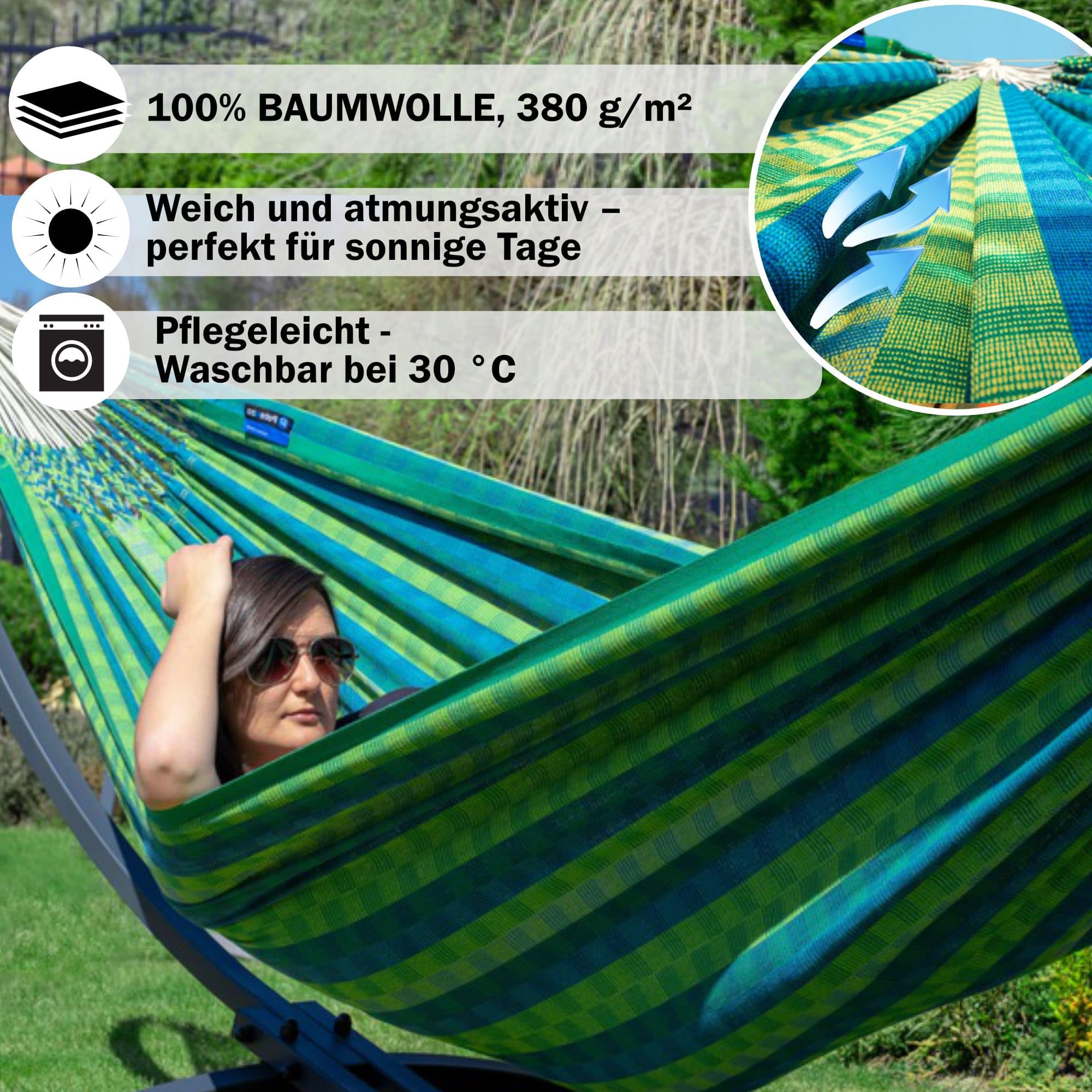 Potenza Amaca Doppia da Giardino in Cotone 230x160 cm – XXL Amaca Portatile Resistente Fino a 200 kg, per 2 Persone, Grande Superficie di Riposo, Ideale per Esterno, Terrazza, Campeggio o Balcone