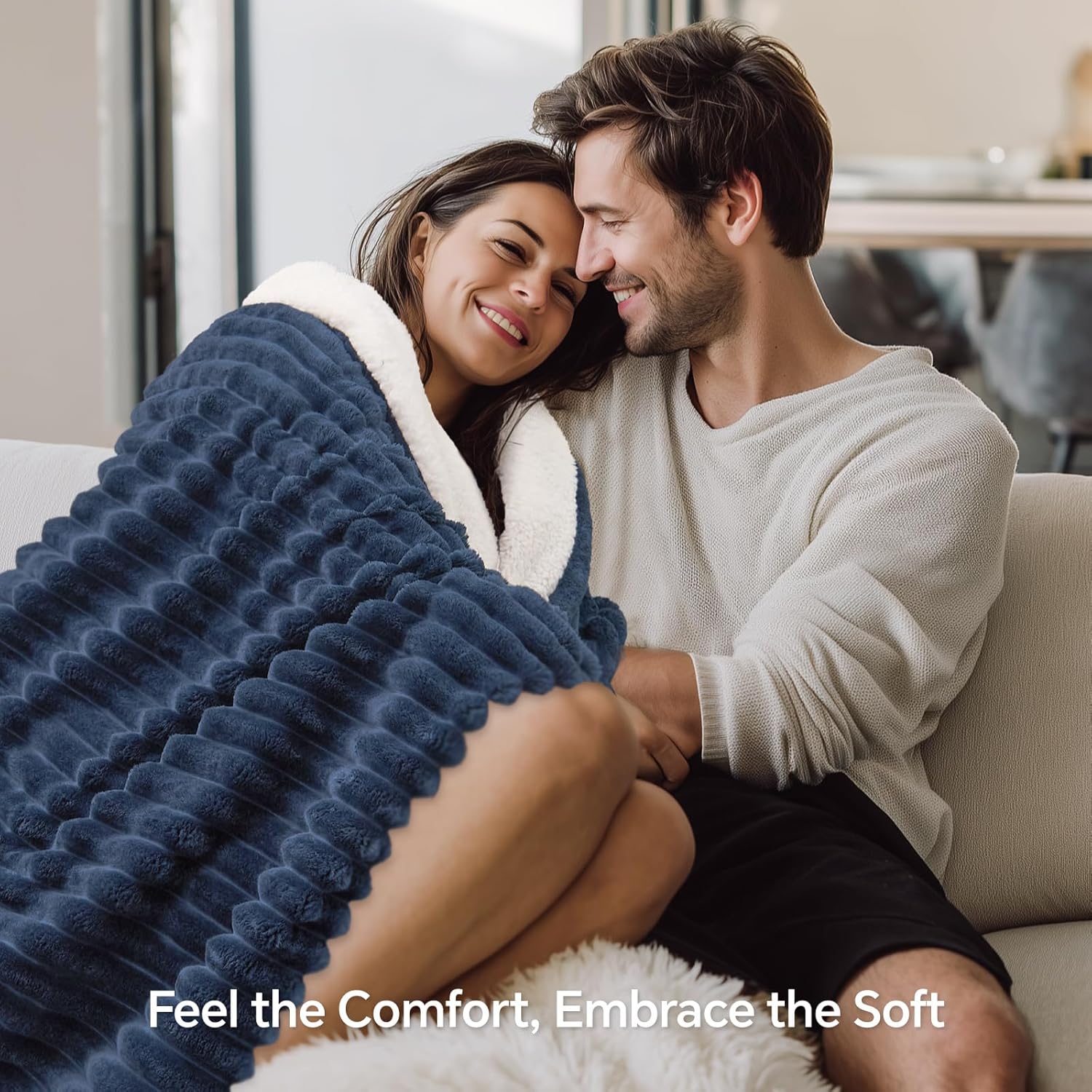 INFIIXSO Sherpa Throw Blanket for Couch - Super Soft & Warm Striped Fleece Blanket, Cozy Plush Fluffy Blanket All Season Use (Navy Blue, 50x60 Inches) - Image 4