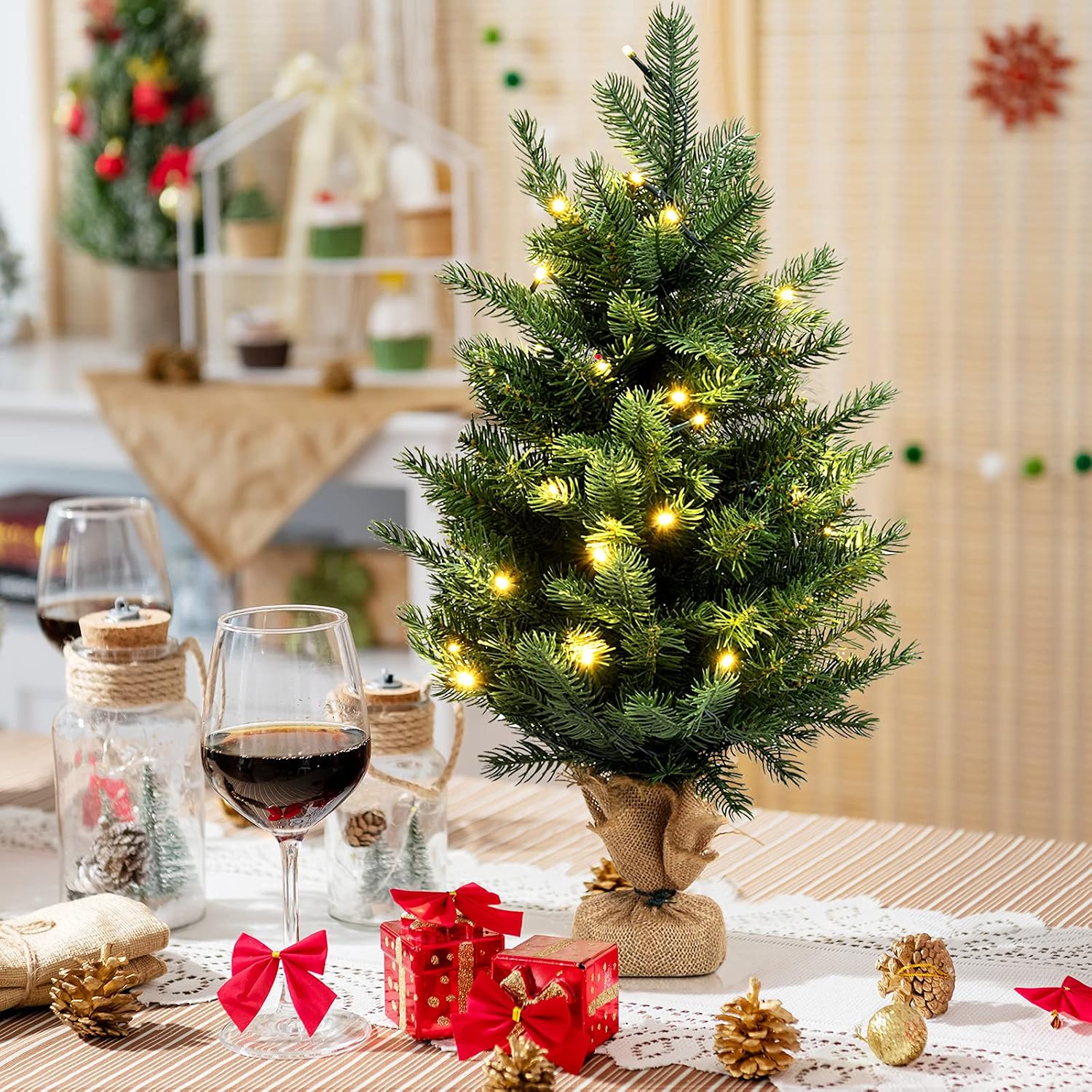 Goplus 2ft Pre-Lit Tabletop Christmas Tree, Small Artificial Spruce Tree w/ 35 LED Lights, Timer & Burlap Base, Battery Operated Mini Xmas Tree for Home Office Shop Decoration