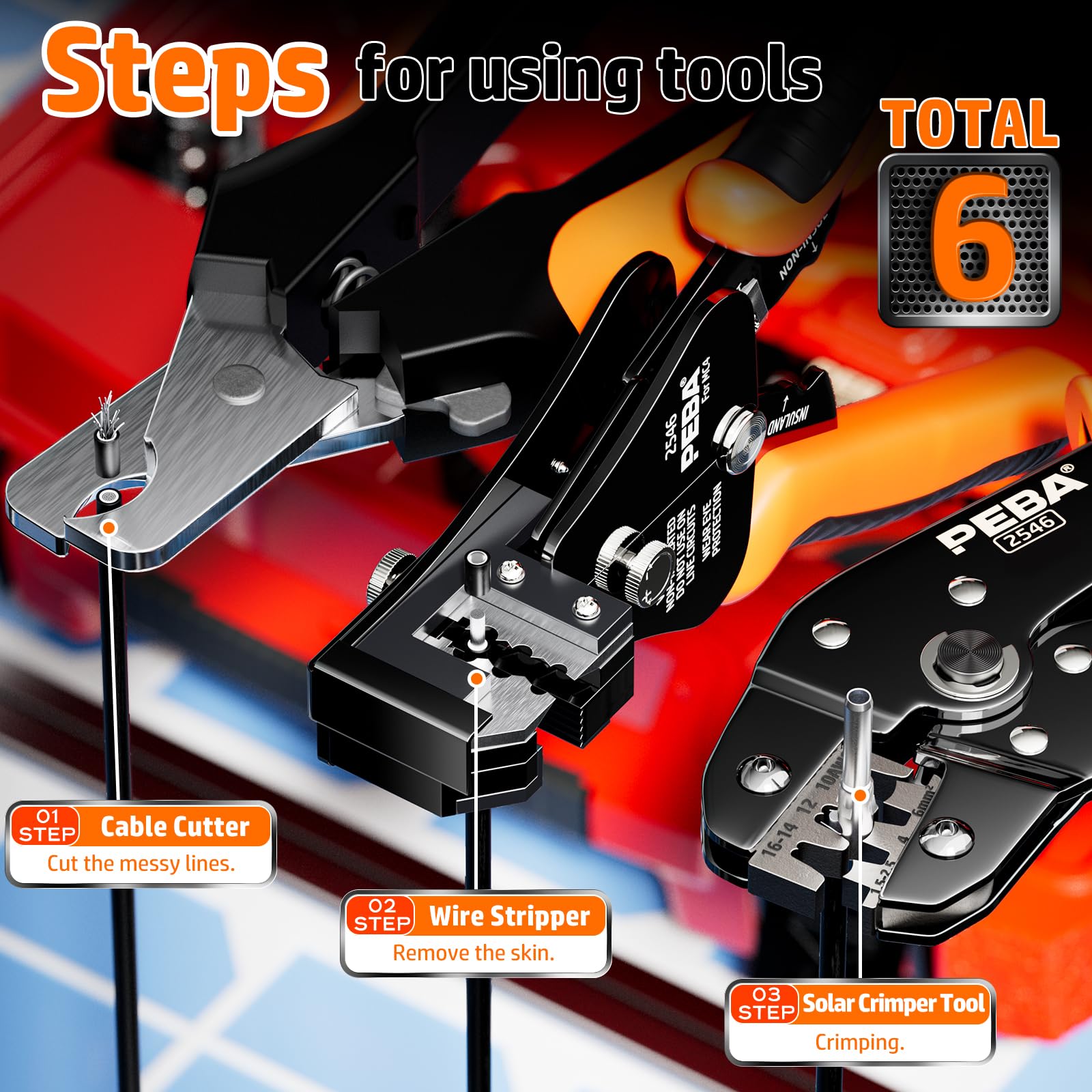 Set Pinza Crimpatrice Per Impianti Fotovoltaici - Per Cavi 1,5-6 Mm&sup2; Con Connettori Solari E Spellafili