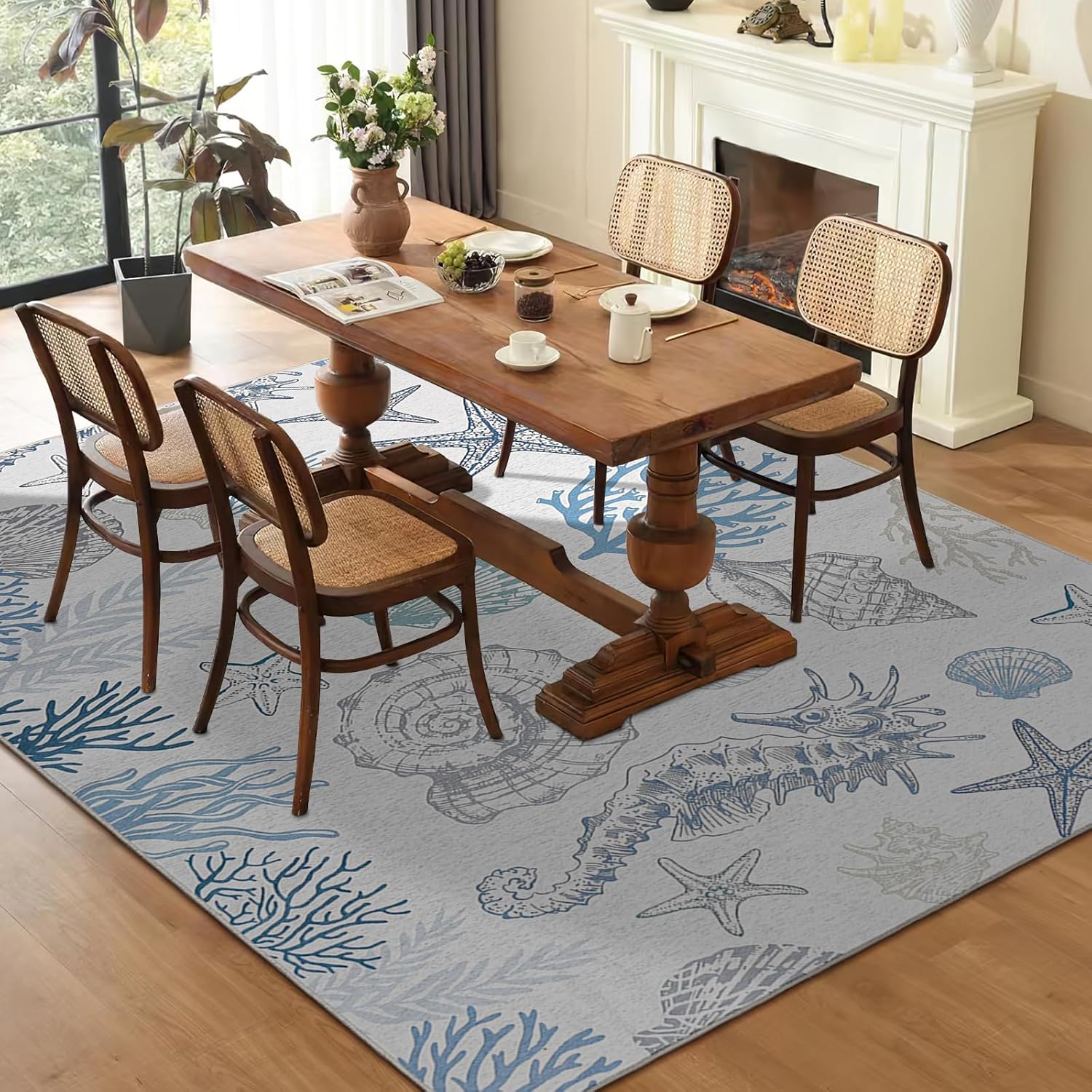 Dintszyayue Rugs for Living Room 8x10 Nautical Beach Washable Non Slip Foldable Area Rug for Bedroom Conch