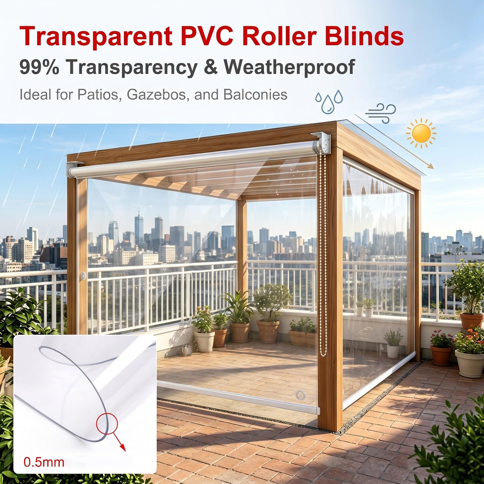 Tenda a Rullo Pvc Impermeabile Trasparente，Tapparella Avvolgibile per Esterni Vinile Trasparente，Tapparella Avvolgibile Anti-vento，Tenda Antipioggia camere Letto,Bagno(W160*H180cm/W62.99*H70.86in)