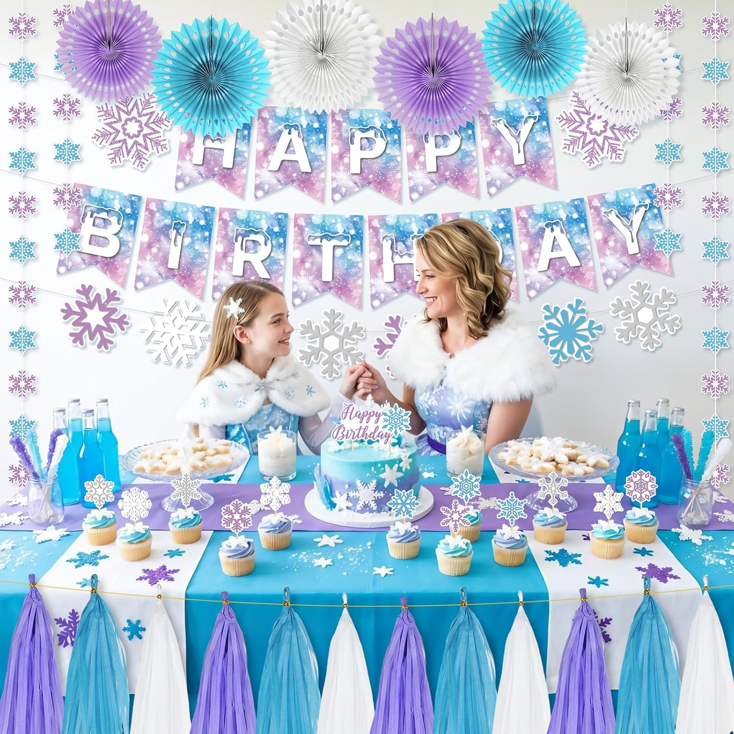 Frozen Party Decorations, Blue Purple White Snowflake Theme Birthday Decor Kit with Banner, Garlands, Cake Topper, Paper Fans, Tassels Decors for Boys Girls Winter Holiday Party Supplies