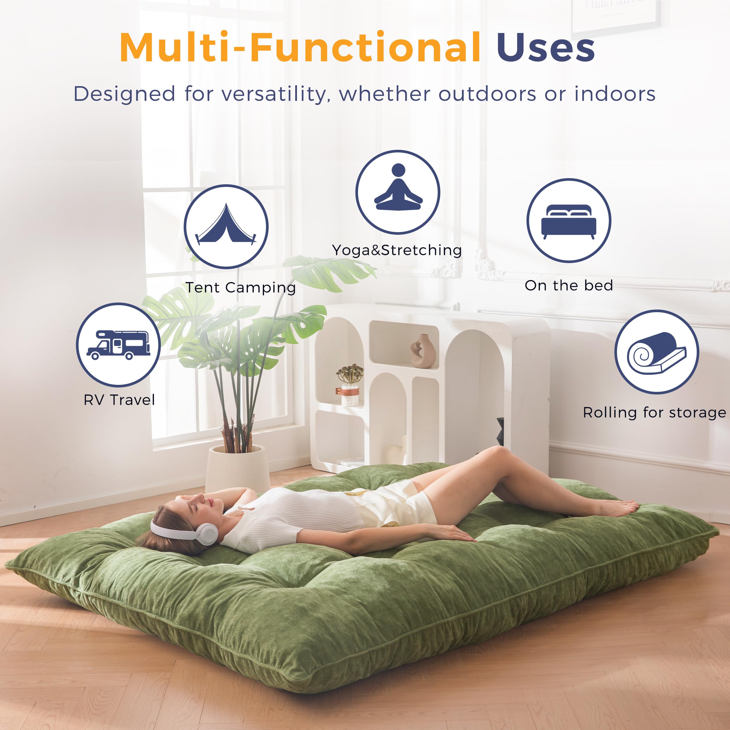 MAXYOYO Materasso Futon Tessuto-Chenille, 15cm Spessore, Rollisci Divano-Letto Pieghevole Riempito Spugna-Schiacciata, Craft-Bottoni, Pratico Tappetino-Pavimento Pieghevole (Escluso Struttura-Letto)