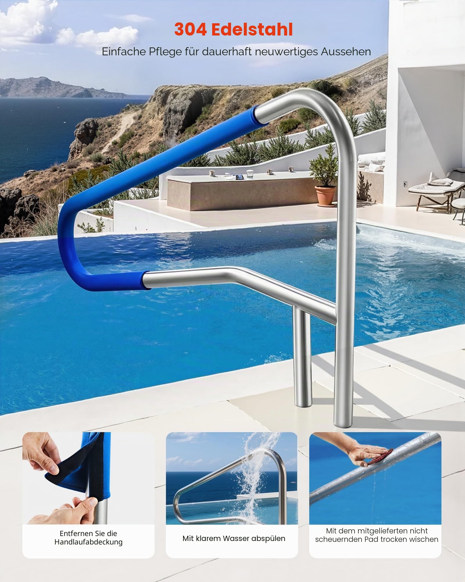 VEVOR Schwimmbad Handlauf, 1371x48x813 mm, 100 kg Tragfähigkeit, Pool Haltegriff aus Edelstahl 304, abnehmbare rutschfeste Hülse, Einbau-/ Bodenmontage, Einstiegshilfe für Poolbereich & Wasserparks