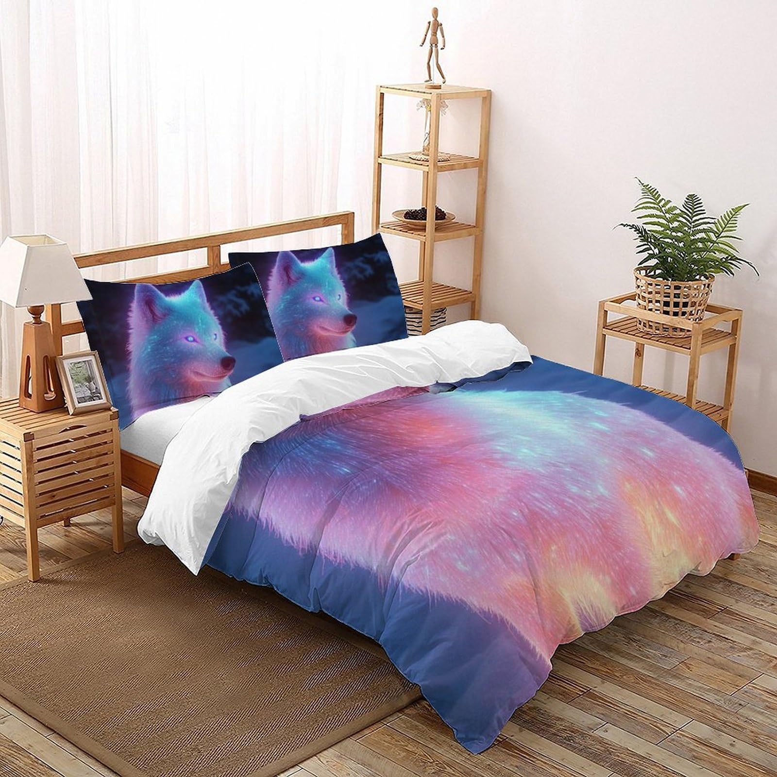 Housse de couette super king 260x220cm anti-plis en microfibre zippée loup