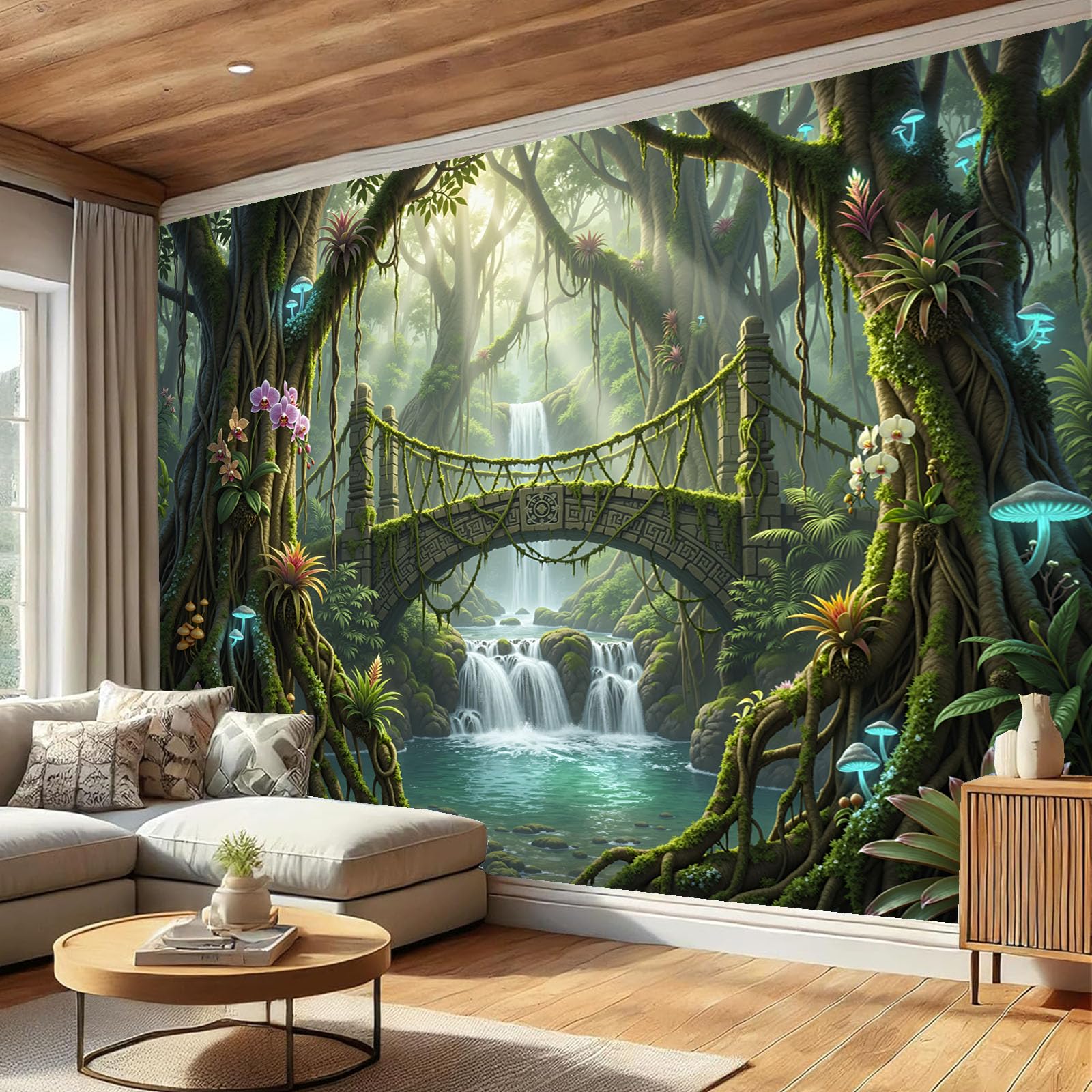 Paesaggio una foresta fantastica carta da parati 450x315cm seta da parete, Viti cascate ponte ad arco in pietra panoramiche poster carta da parati fotografica da parete per appartamentoVerde