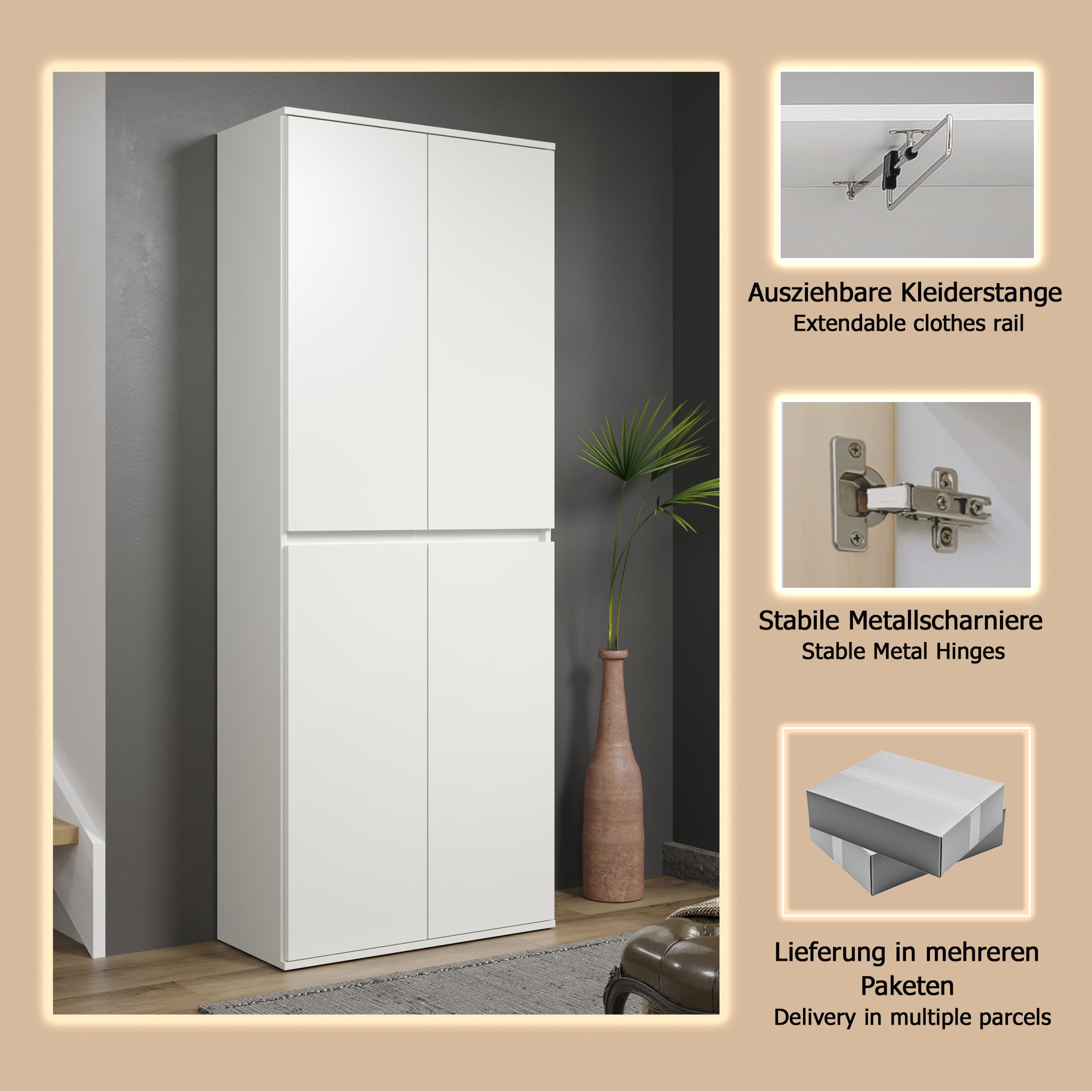 trendteam smart living - Nevada - Mehrzweckschrank - Weiß - Schrank mit 4 Türen, 6 Einlegeböden und 1 Kleiderstange - (BxHxT) 74 x 191 x 34 cm - grifflose Türen