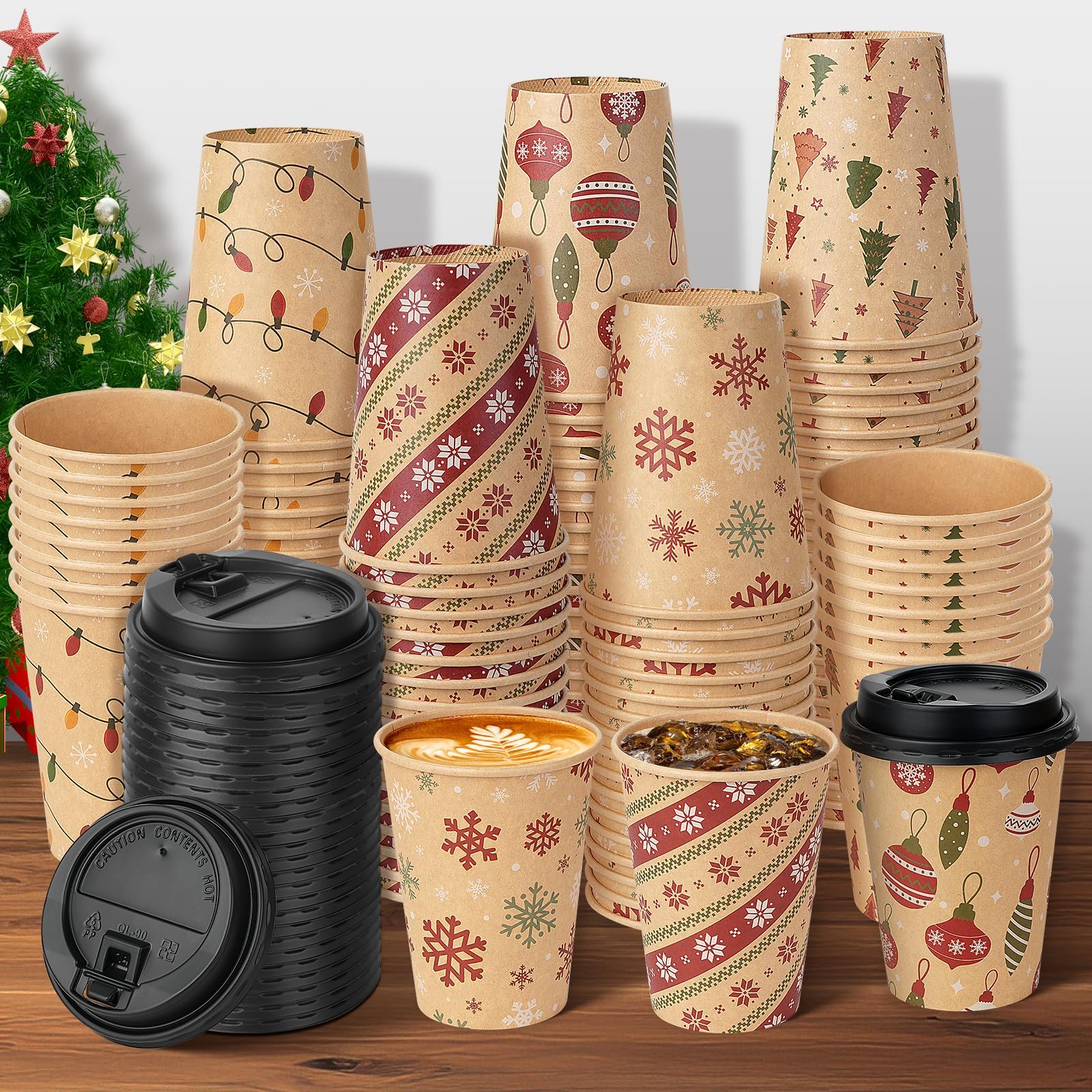 100Set Christmas Disposable Paper Cups with Lids 12oz, Bulk