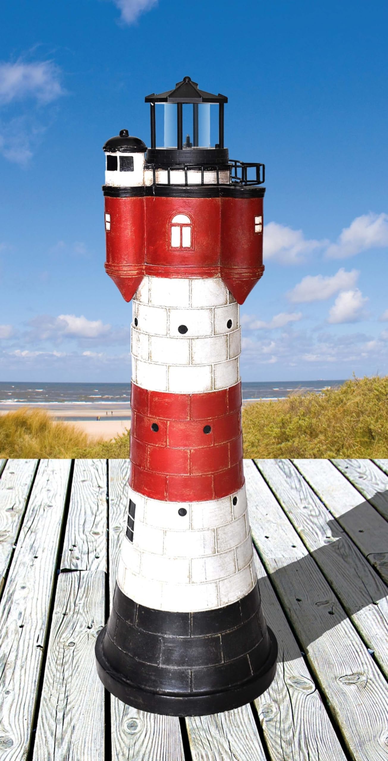 Solar Leuchtturm Roter Sand aus Polyresin Kunstharz mit Einer weißen LED