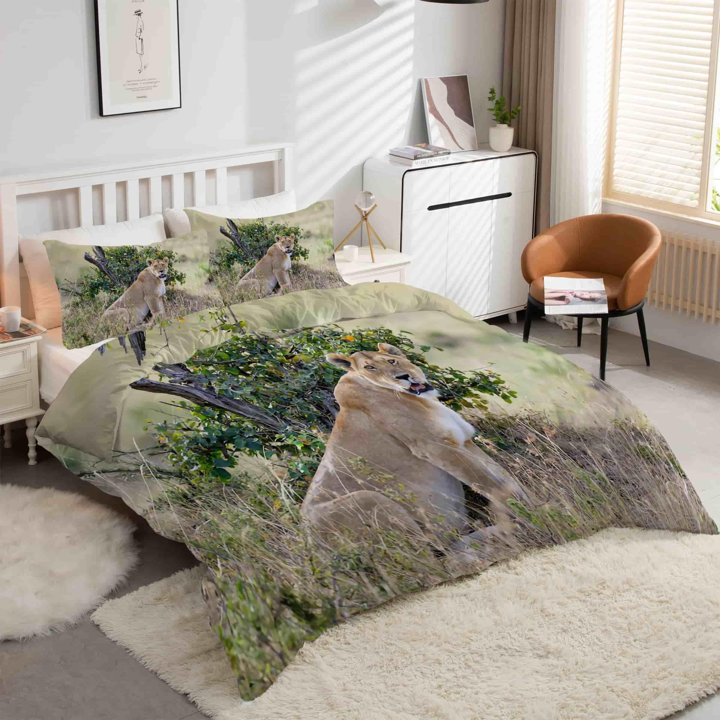Housse de couette 240x260 lion avec 2 taies d'oreiller en microfibre