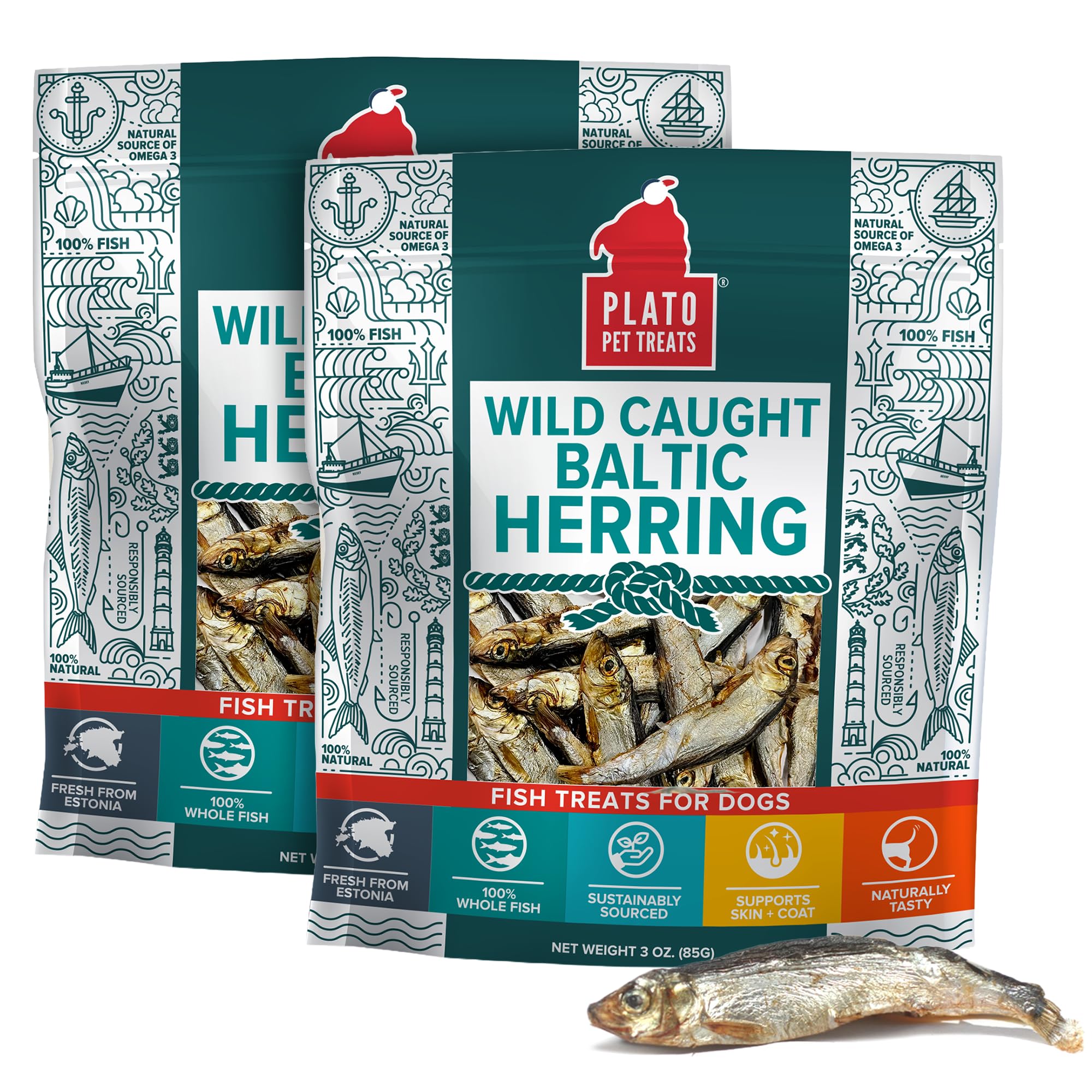 Plato Pet Treats Fish Dog Treats - Air-Dried, Single Ingredient Pet Treat - Omega 3 & 6 Fatty Acids to Support Skin and Coat - 100% Whole Fish - Wild