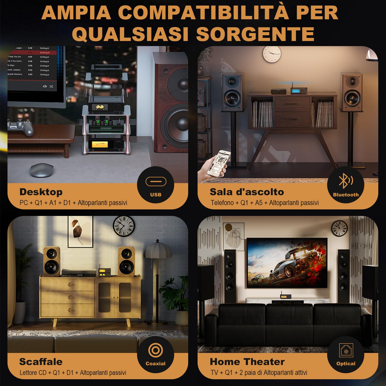 Convertitore Digitale-Analogico Ampapa Q1: DAC USB HiFi 768kHz/32bit DSD512, Amplificatore Cuffie Bluetooth 5.2 APTX-HD con ESS9039+AK4493 per Amplificatori Stereo Domestici e Ascolto da Scrivania