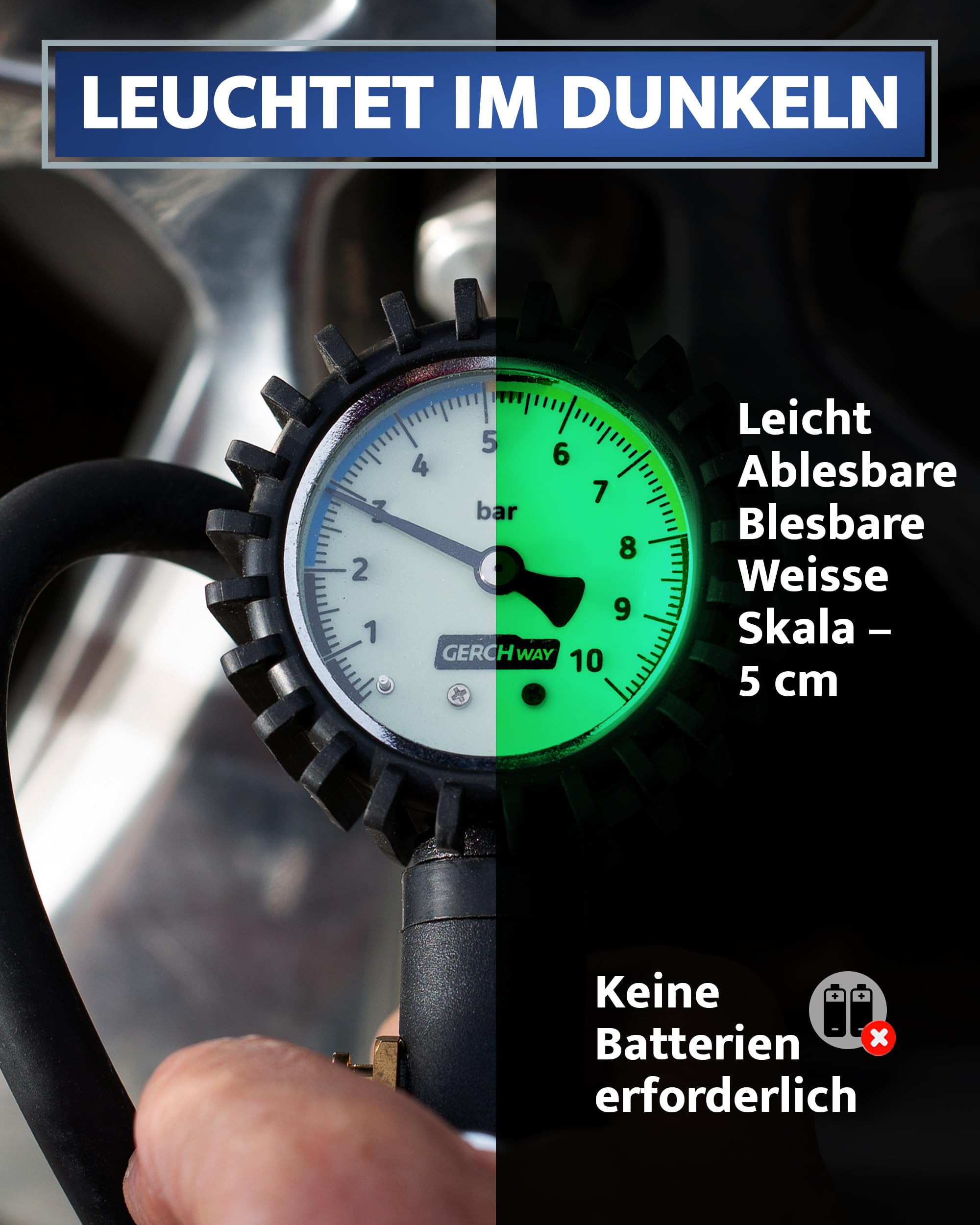 GERCHWAY Reifenfüller mit Manometer – Präziser, robuster 0-10 bar Druckluft Reifendruckfüller für Kompressor – Extra langer 50 cm Schlauch – Luftdruckprüfer für Auto, Motorrad, LKW & Werkstatt