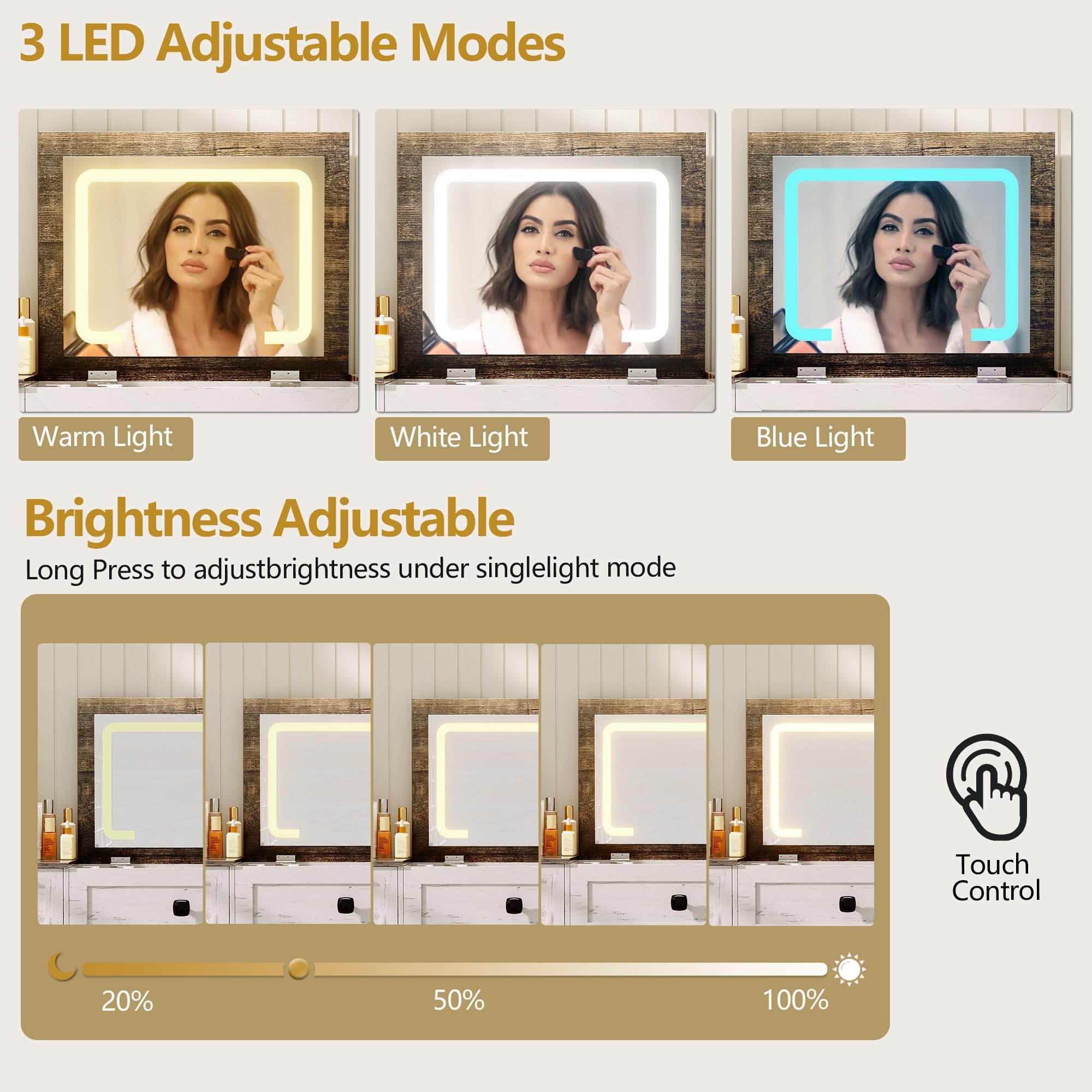 Lvifur Farmhouse Vanity Desk with Mirror and 3-Color Lights,3 in 1 Makeup Vanity Set 47.2