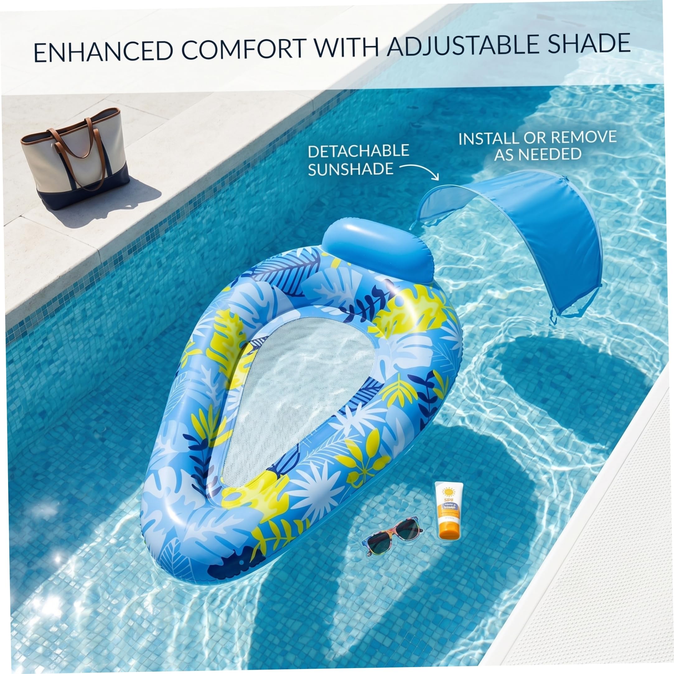 Flotadores de playa inflables para piscina, hamaca de piscina de PVC con toldo desmontable, sala de malla en forma de gota para adultos, hoja azul
