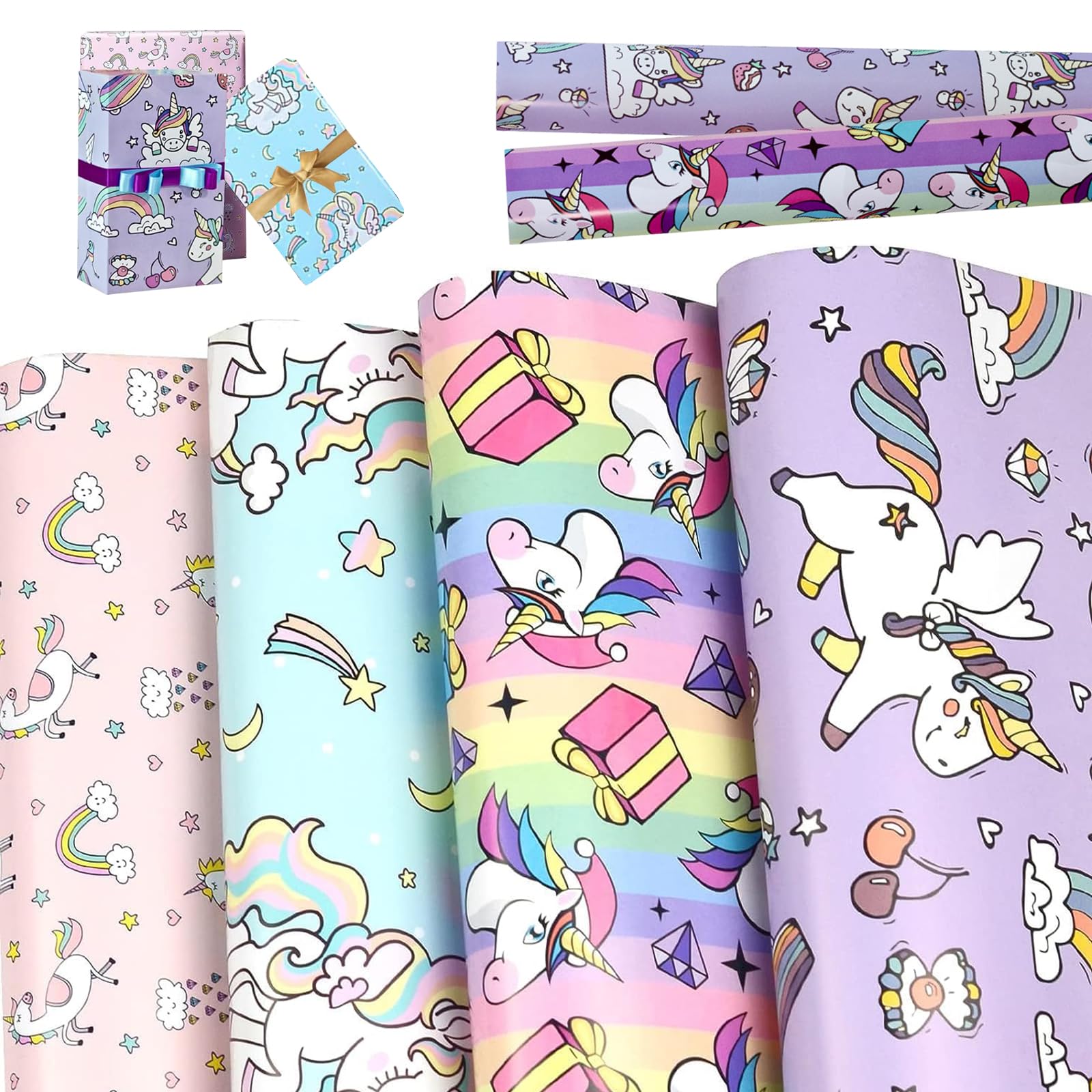 4 Piezas Papel Regalo Niños, Unicornio Arcoíris Hojas, Dibujos Animados para Niñas, Bodas, Cumpleaños, San Valentín, Navidad y Fiestas (50 x 70 cm)